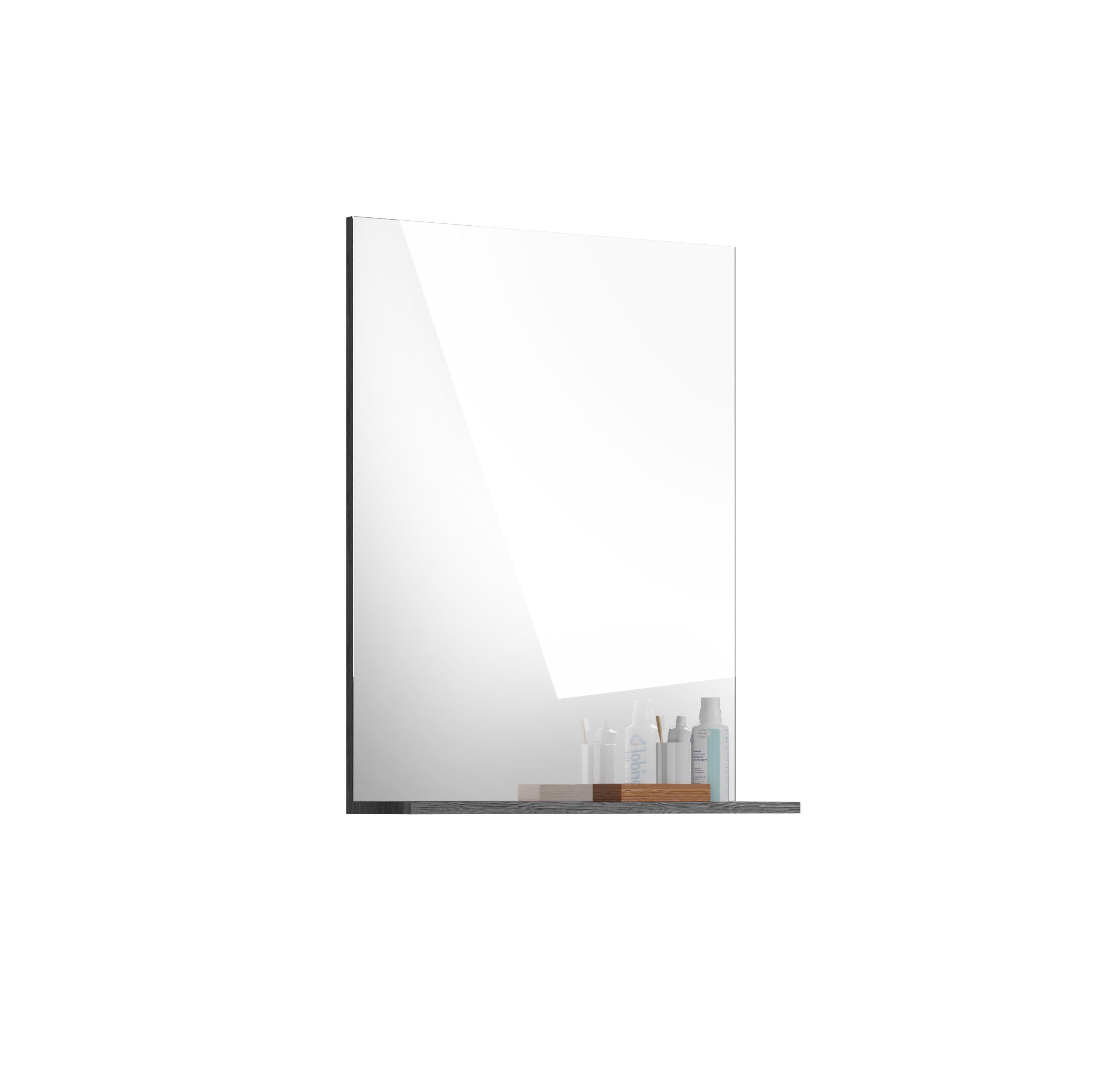 möbelando Wandspiegel Sandusky, Moderner Spiegel aus Spanplatte in Rauchsilber Nachbildung mit 1 Ablageboden. Breite 60 cm, Höhe 79 cm, Tiefe 18 cm