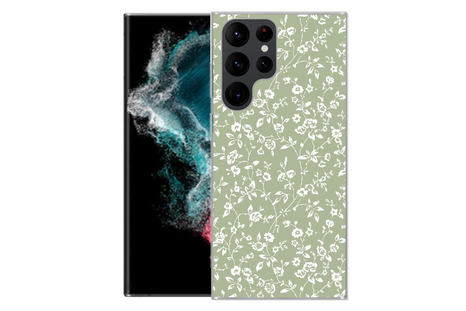 MuchoWow Handyhülle für Samsung Galaxy S22 Ultra Blumen - Druck - Grün - Weiß, Phone Case, Silikon, Schutzhülle Dünn