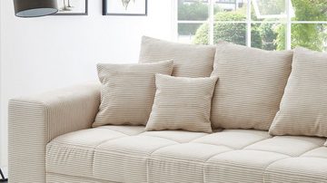Massivart® Big-Sofa BORNEO Cord beige 254 cm / 4-Sitzer, Noasgunterfederung, 4 Rückenkissen, 2 mittlere Kissen und 2 Zierkissen