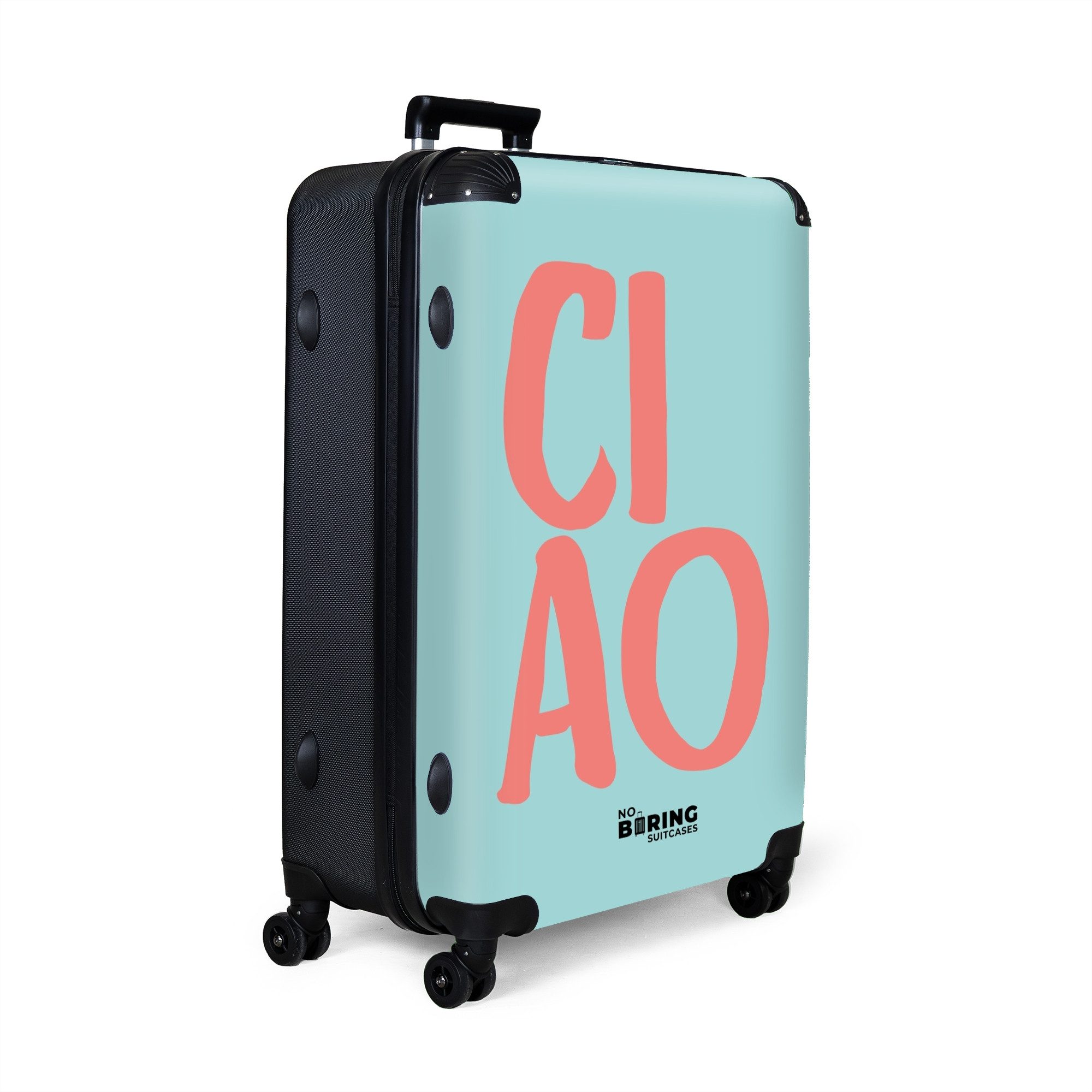 NoBoringSuitcases.com© Hartschalen-Trolley Blau mit rosa Zitat günstig online kaufen
