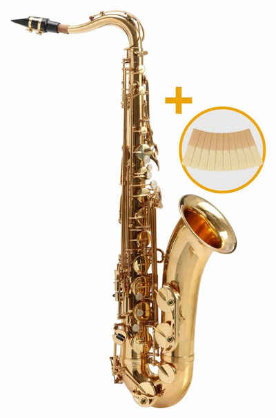 Classic Cantabile Saxophon TS-450 Tenorsaxophon, Messing lackiert, (2.5 Reed Set, inkl. Koffer, Mundstück, Putztuch und Handschuhe), Bb-Stimmung, Hoch-Fis-Klappen, ergonomische Klappenmechanik