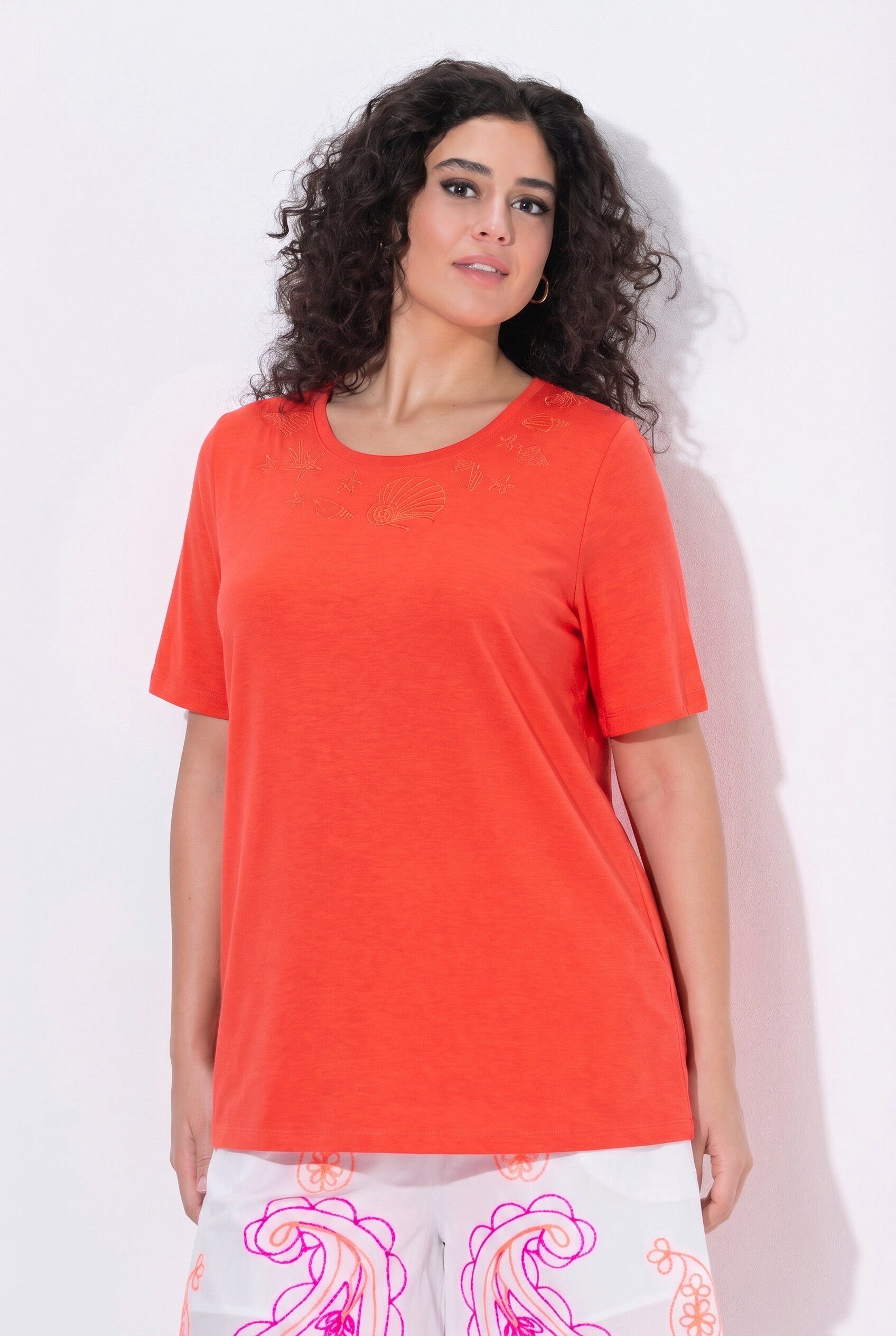 Ulla Popken T-Shirt T-Shirt Stickerei A-Linie Rundhals Halbarm