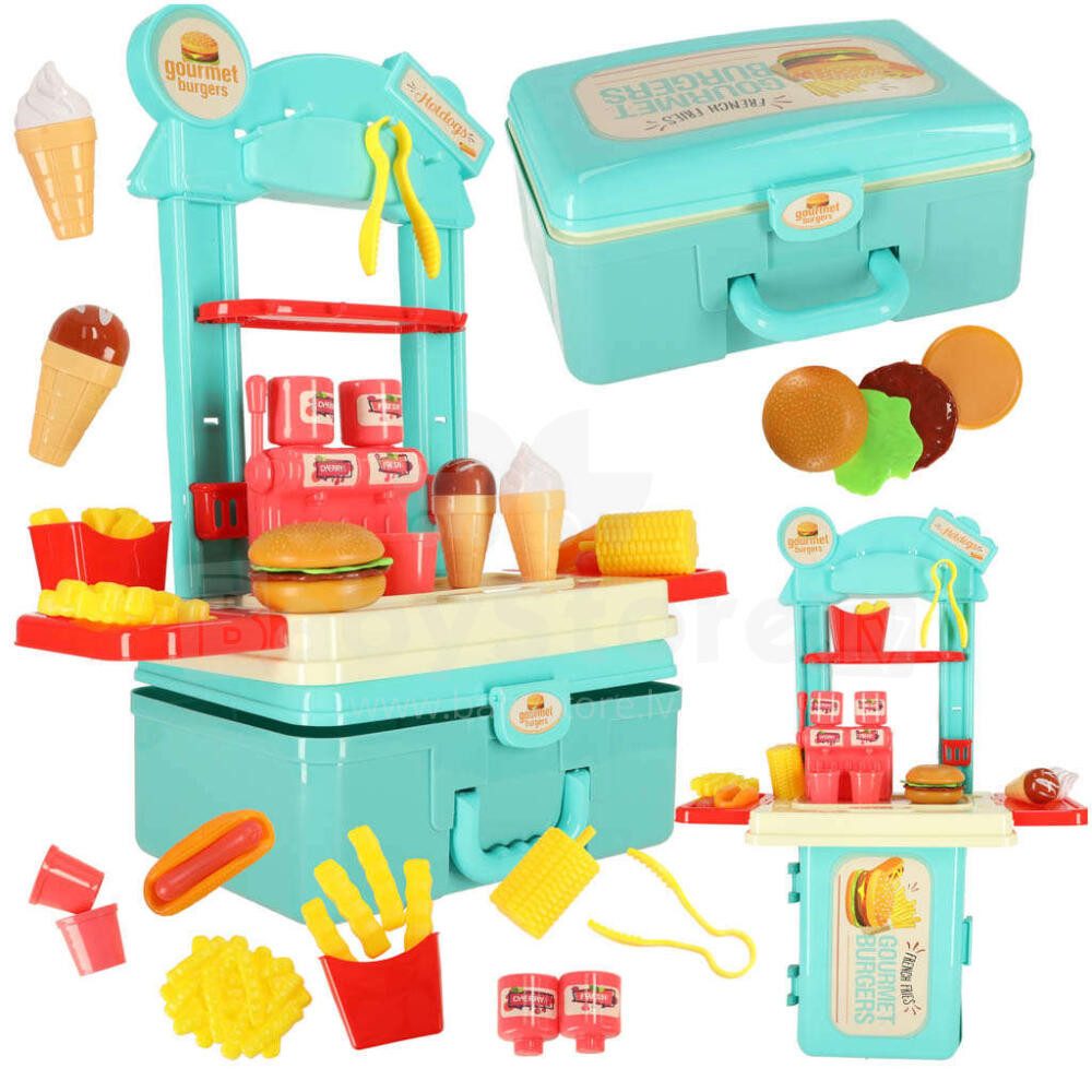 Ikonka Spiellebensmittel Kinderküche im Koffer Spielküche Kinder Fast Food Set Zubehör, (Kinder Spielküche Koffer Set Rollenspiel Küche Zubehör mobil Set, 19-tlg., Spielküche Set mit Burger Hotdog Pommes Eis Zubehör im Koffer), Koffer faltbar Zubehör Set mobil kompakt Kinderküche Rollenspiel