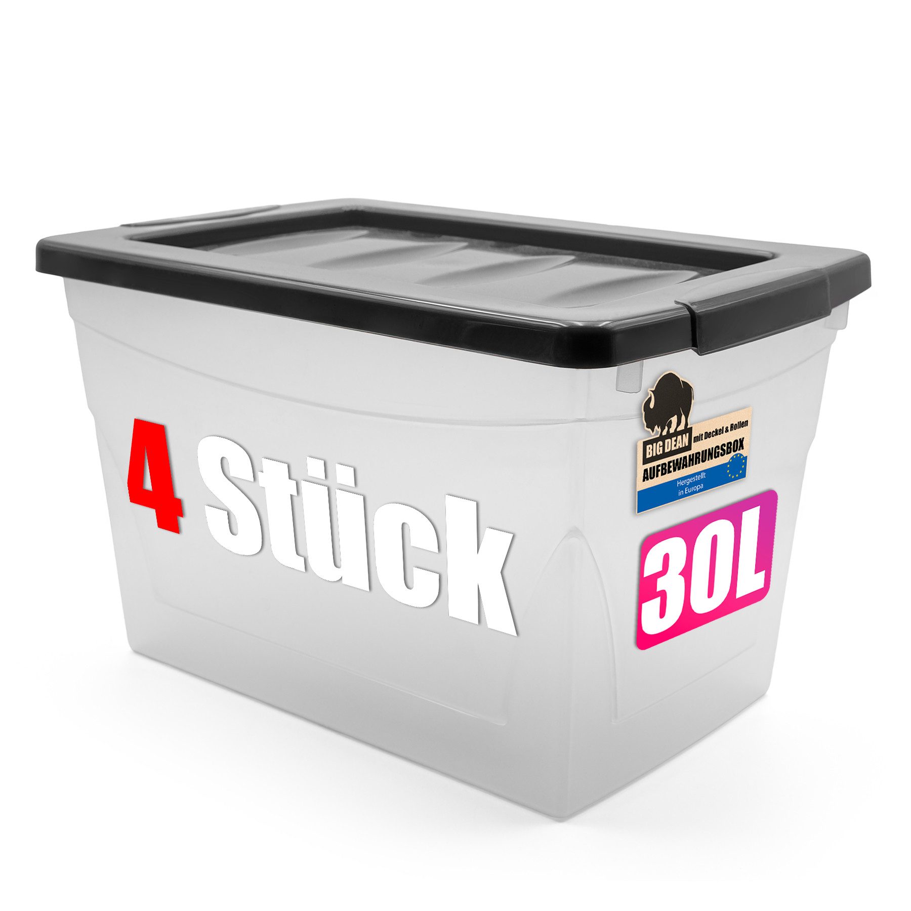 BigDean Aufbewahrungsbox 4x 30 L Aufbewahrungsbox mit Deckel Budget Line Plastikbox mit Deckel (Set, 4 St., Aufbewahrungsbox mit Deckel), BPA-Frei, Praxisnahes Durchdachtes Design, Langlebig