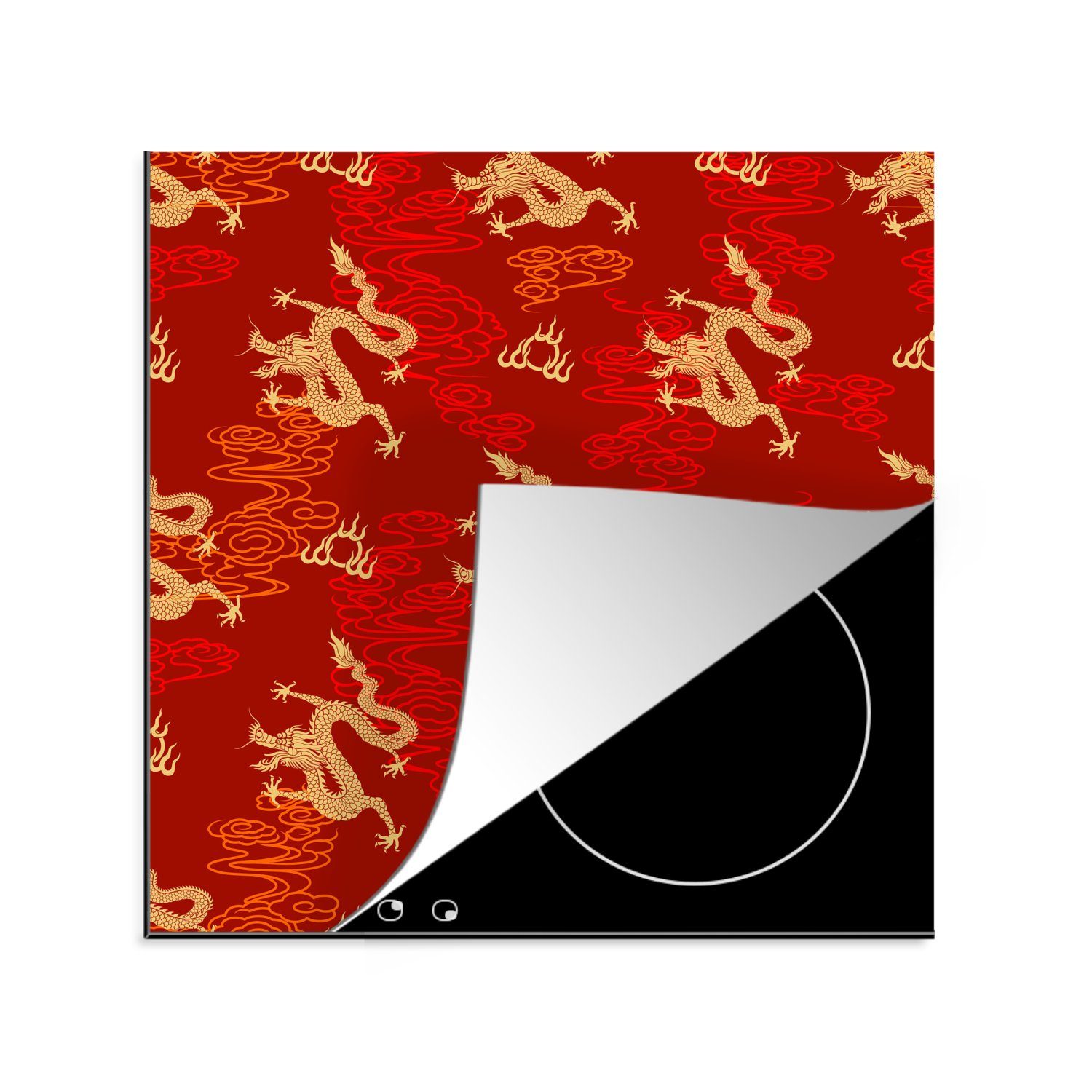 MuchoWow Herdblende-/Abdeckplatte Orientalisches Muster für Vinyl, (1 Ceranfeldabdeckung, tlg), Hintergrund, auf rotem Arbeitsplatte Drachen küche Chinesische 78x78 cm