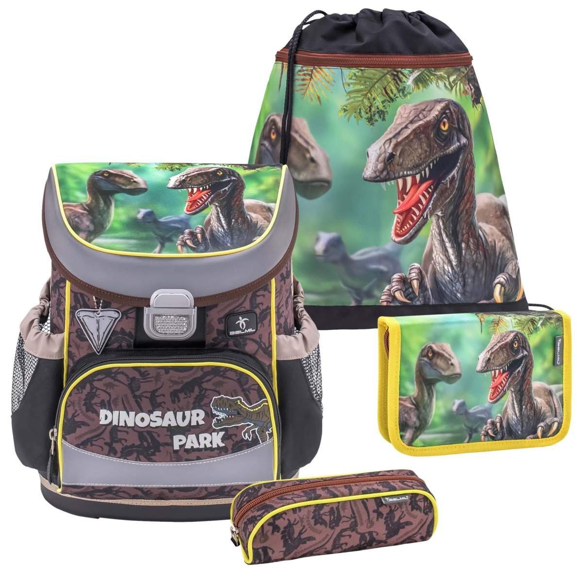 Belmil Schulranzen Mini Fit, Schultasche für kleine Kinder, besonders leichtes Set mit Sportbeutel Federtasche und Schlamper, Motiv für Jungen Dinosaur Park