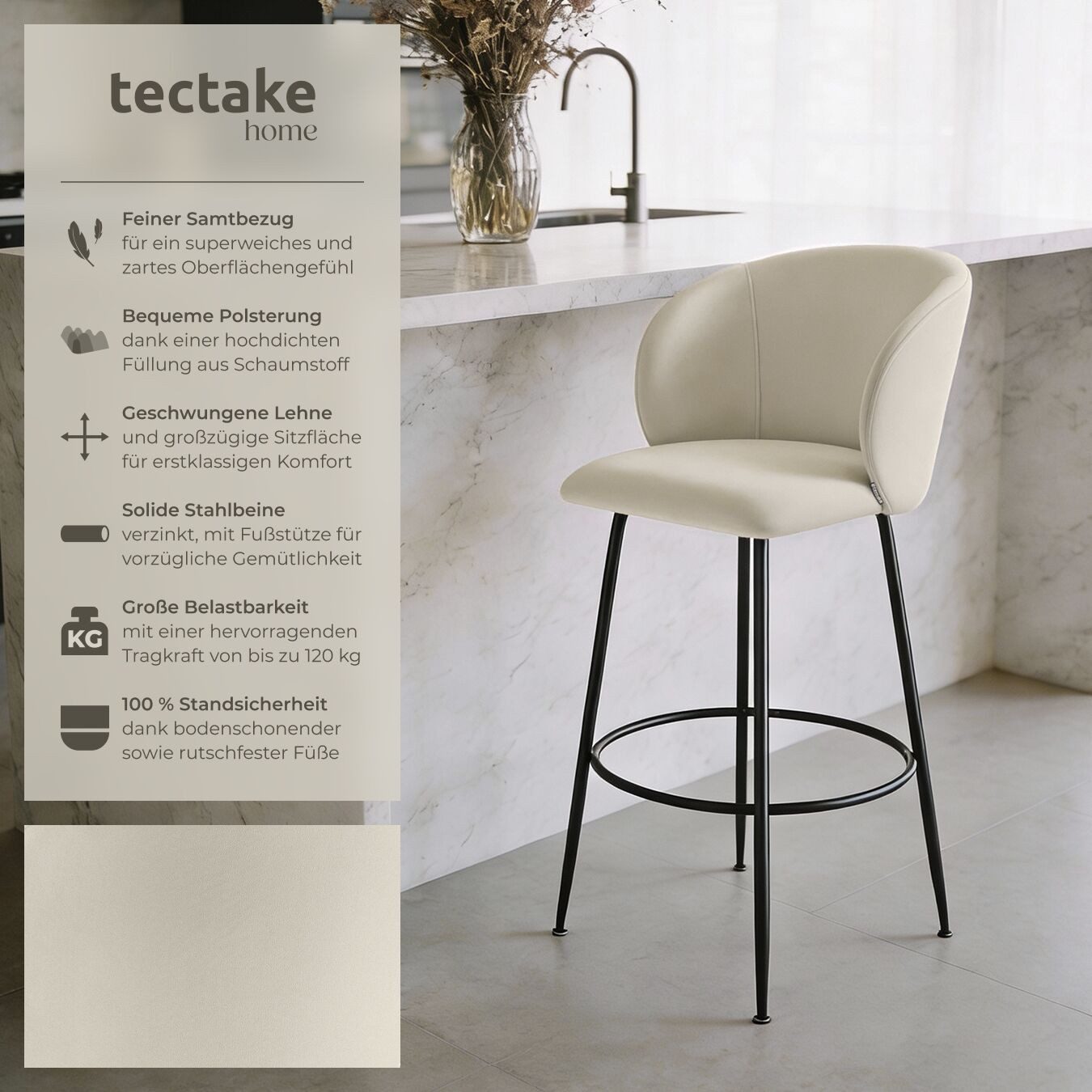 tectake Barhocker Barstuhl gepolstert, 51 x 60 x 106 cm, Belastbarkeit 120 kg (Tresenstuhl Luana, in Samtoptik creme/schwarz), mit breiter Rückenlehne und Fußstütze, bodenschonende Kunststofffüße