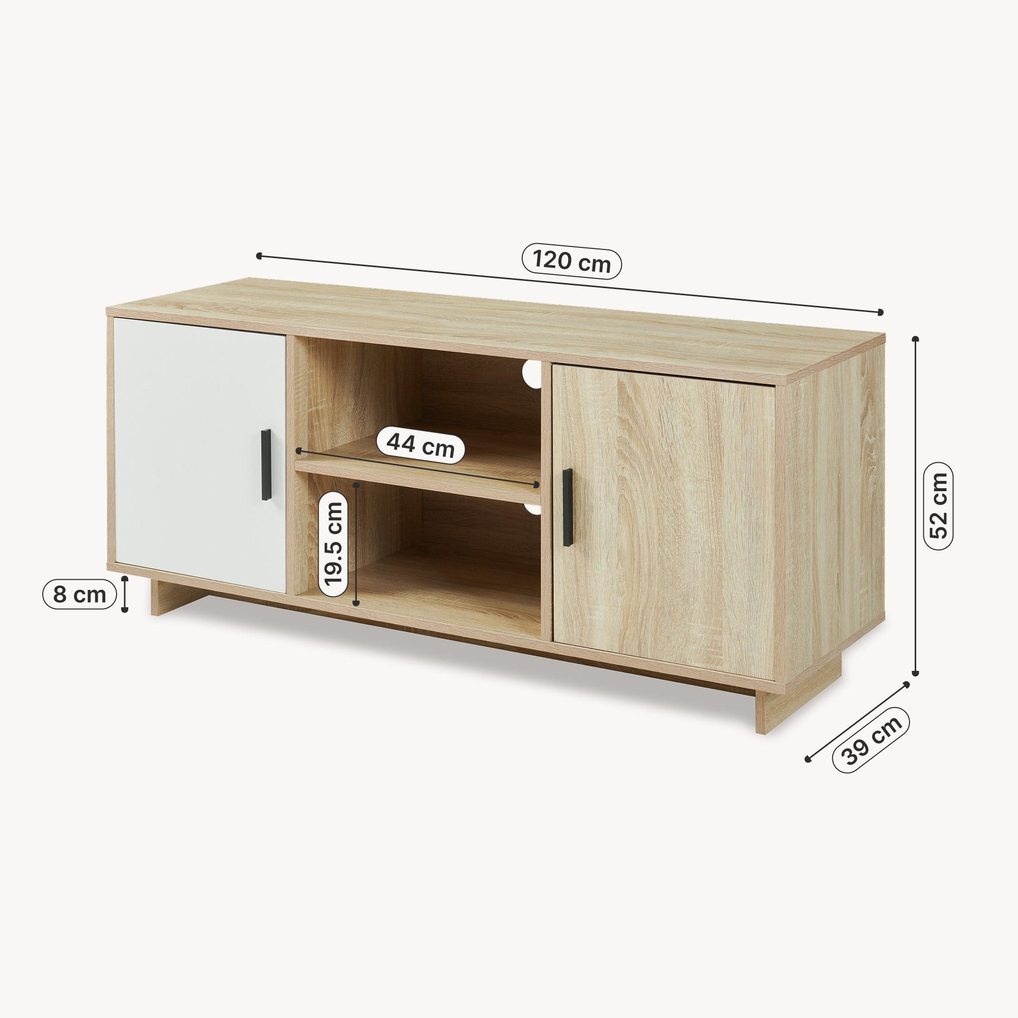 en.casa TV-Schrank »Kenta« mit 2 Türen 120 x 39 x 52 cm Sonoma-Eicheoptik / Weiß