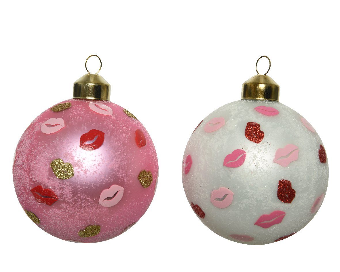 Decoris season decorations Weihnachtsbaumkugel, Weihnachtskugeln Set 12er Lippen Glas weiß pink / 8cm