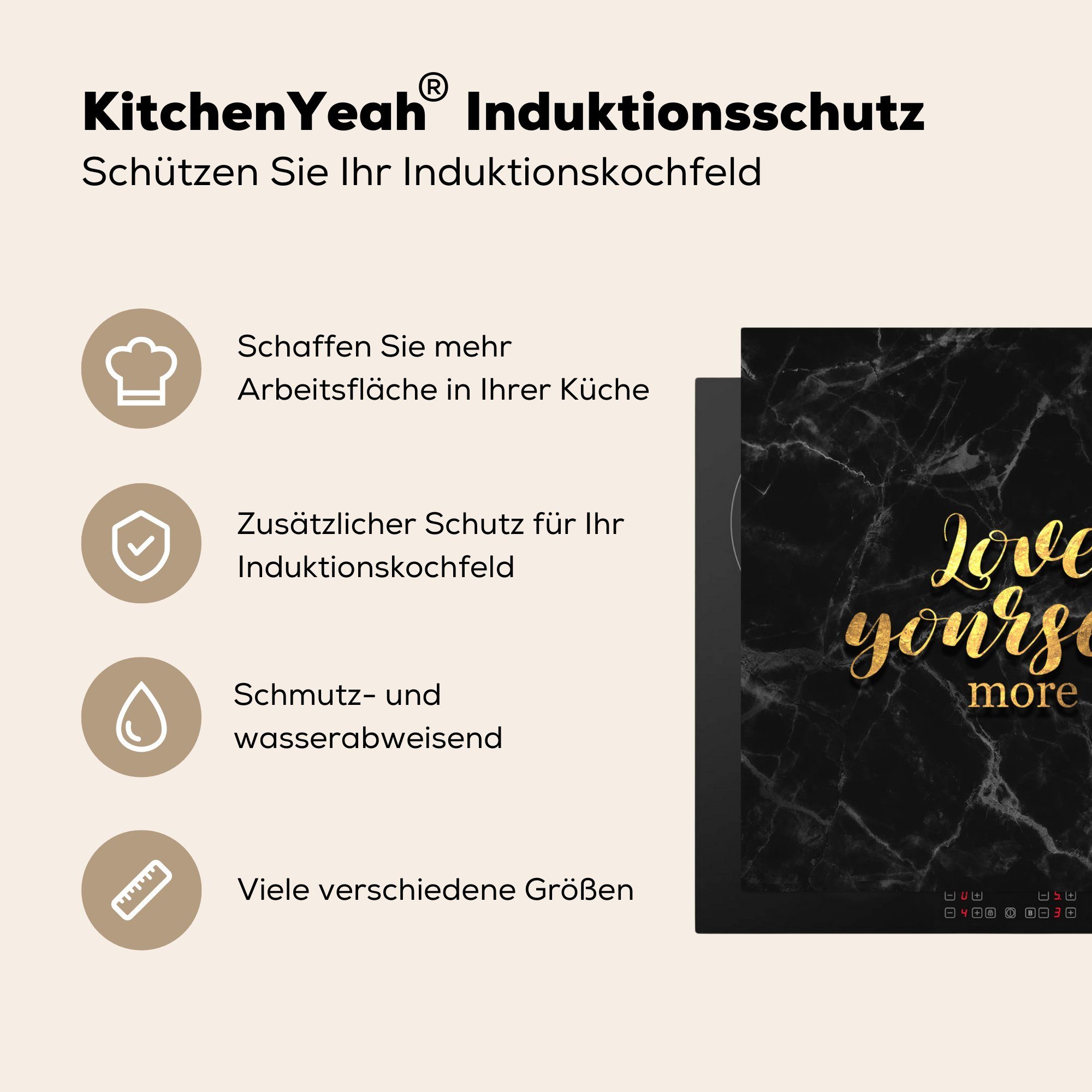 küche (1 Marmor, tlg), Ceranfeldabdeckung, Zitate für cm, - - Gold Arbeitsplatte Liebe MuchoWow Herdblende-/Abdeckplatte Vinyl, 78x78 -