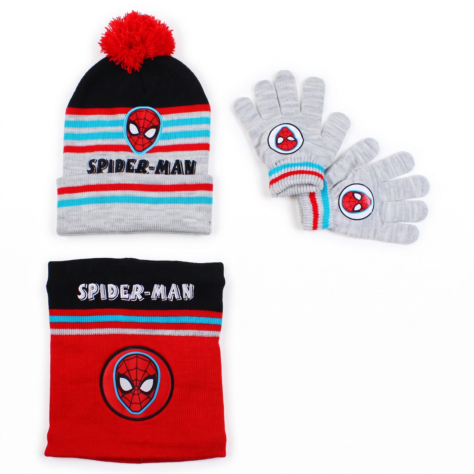 MARVEL Bommelmütze Spiderman Kinder Herbst Winter Set Mütze Loop plus Handschuhe 53/54