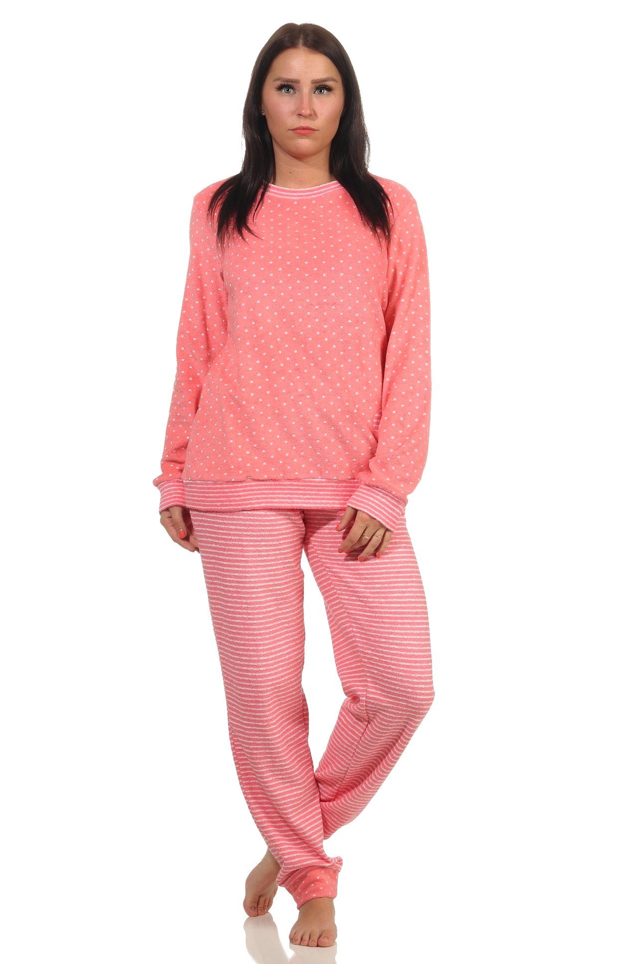 Normann Pyjama Damen Frottee Pyjama mit in Lachs Bündchen Herz-Tupfen Tupfen Streifenoptik