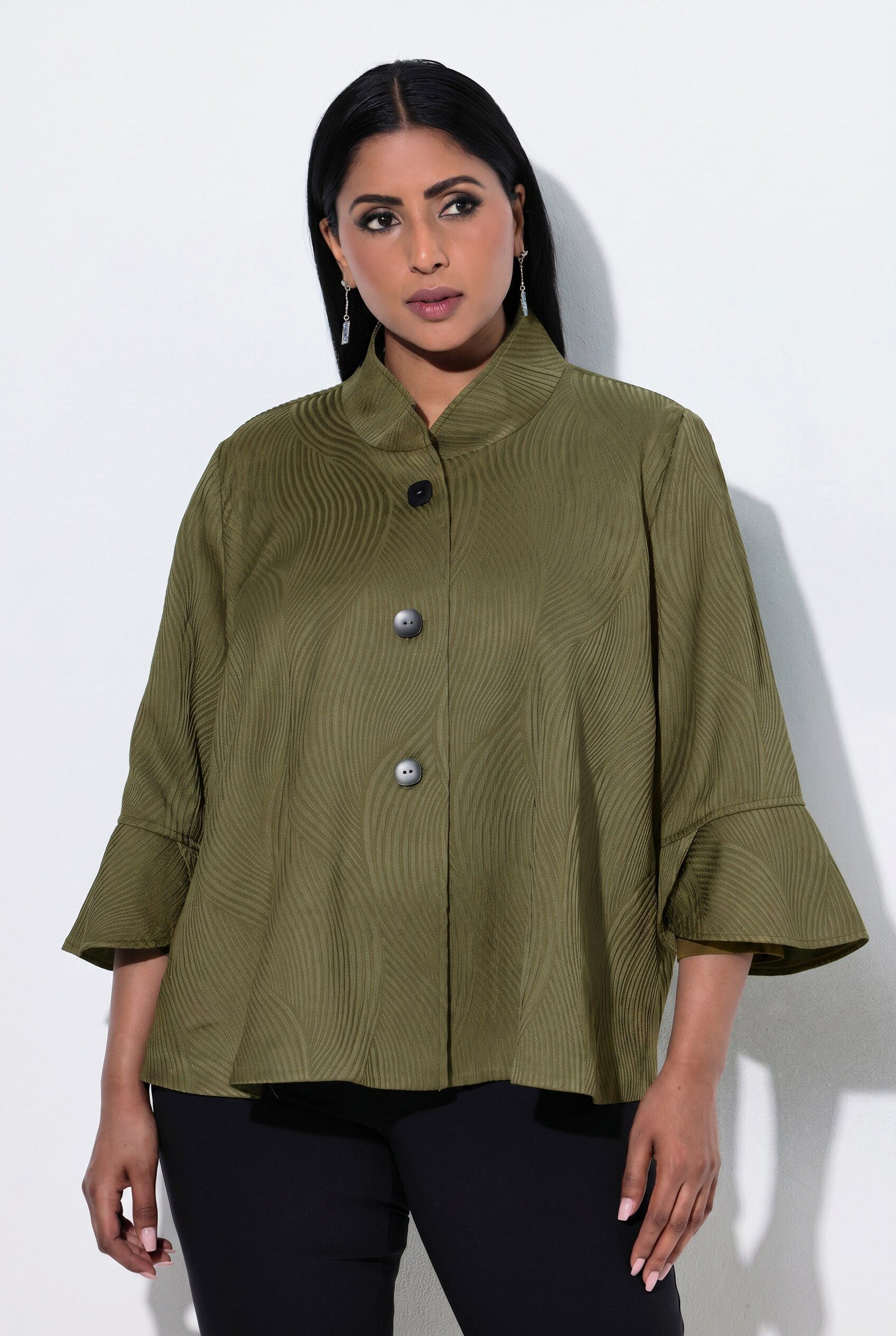 Ulla Popken Kurzjacke Jacke Wellen-Design A-Linie Stehkragen 3/4-Arm