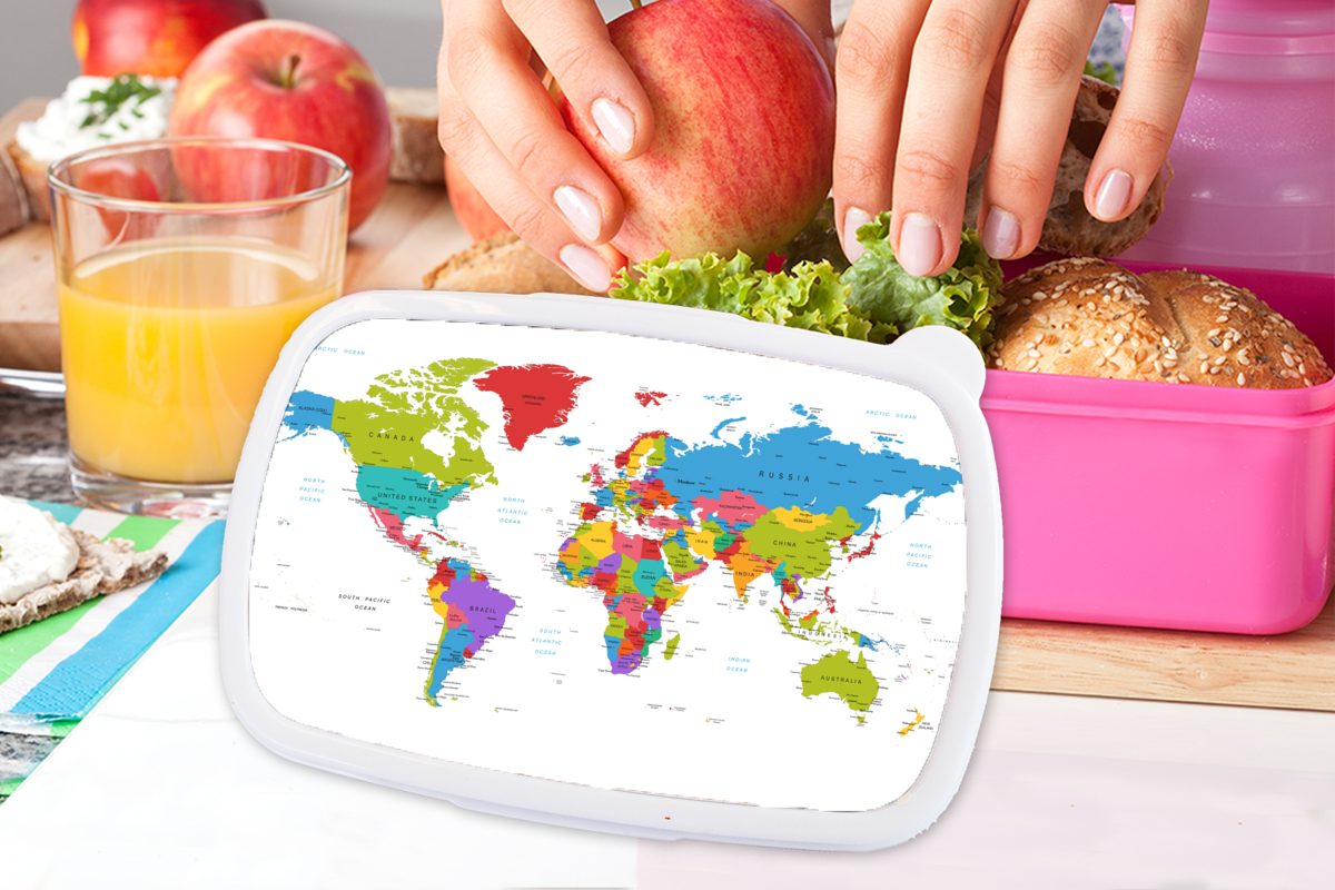 MuchoWow Lunchbox Weltkarte Einfach Brotbox Topographie, für Brotdose Snackbox, - rosa (2-tlg), Kunststoff - Erwachsene, Kinder, Kunststoff, Mädchen