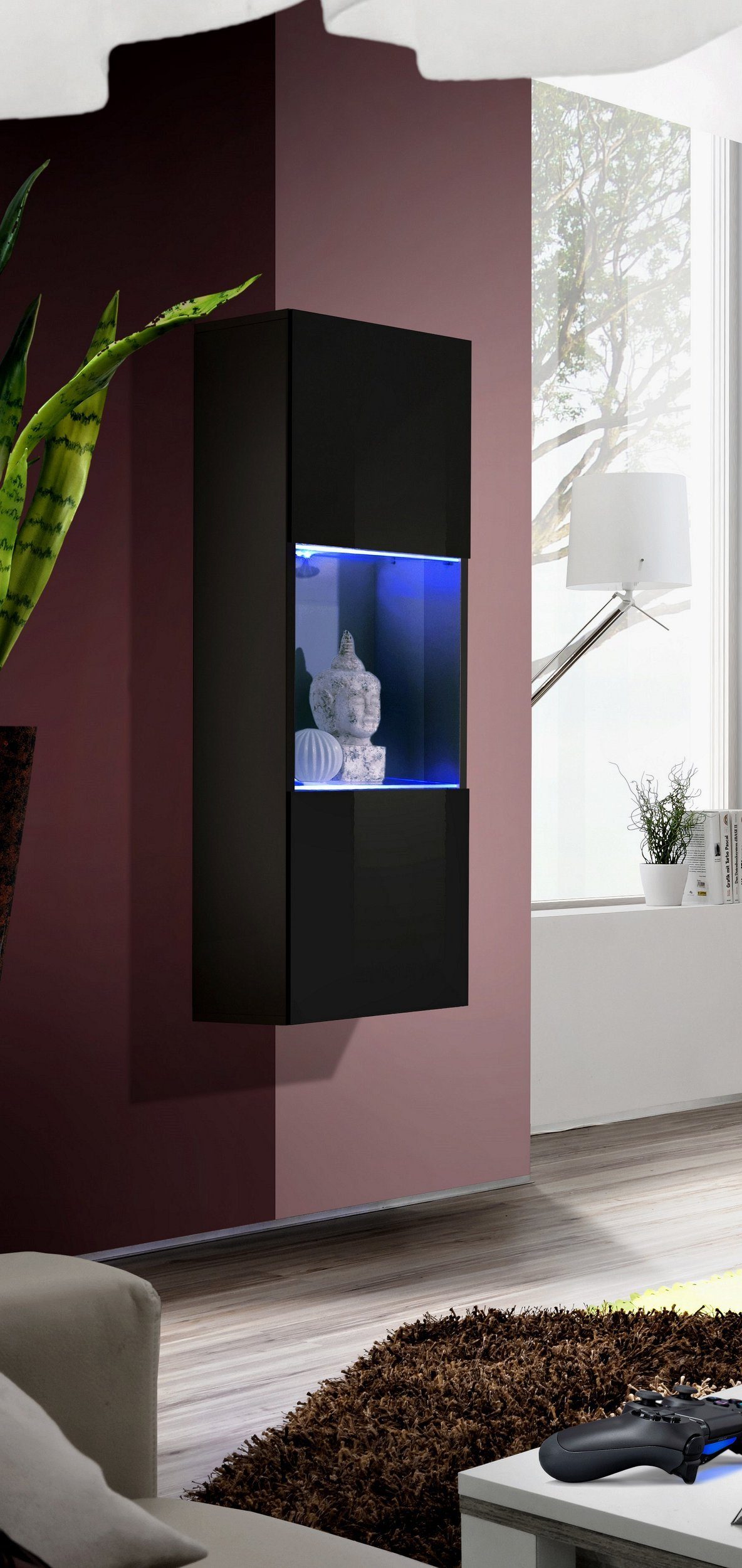 99rooms Vitrine FLI T22 rechts 126x40x29 cm (Hängevitrine, Glasvitrine, Wohnmöbel) mit 2 Glaseinlegeböden, inkl. LED-Beleuchtung, Push-to-Open