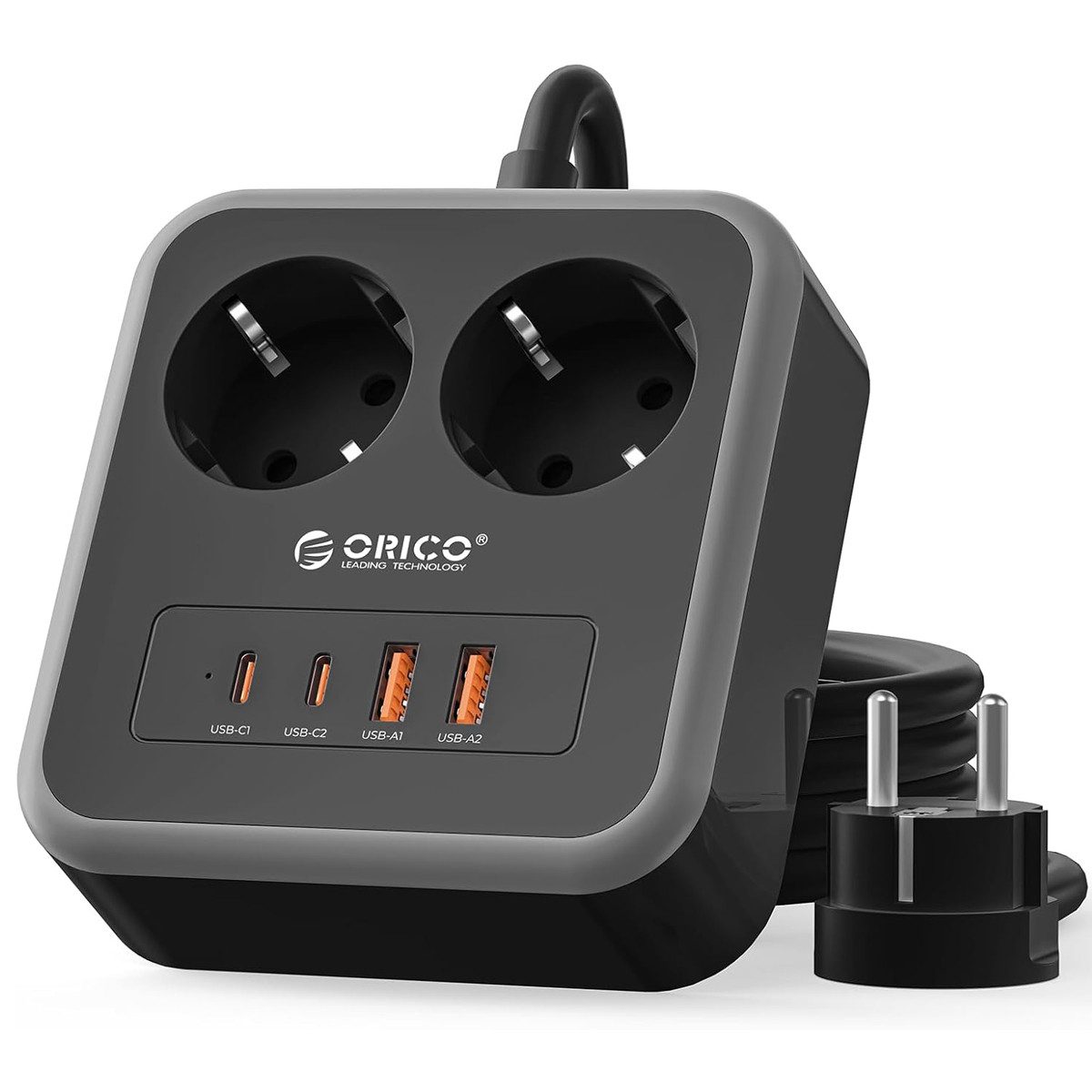 ORICO Steckdose 6-in-1 Mehrfachsteckdose mit USB-C PD 20W, 3 m Kabel, 1-St., 2 Steckdosen & 4 USB (2× USB-C), Kompakt-Powercube für Büro & Zuhause