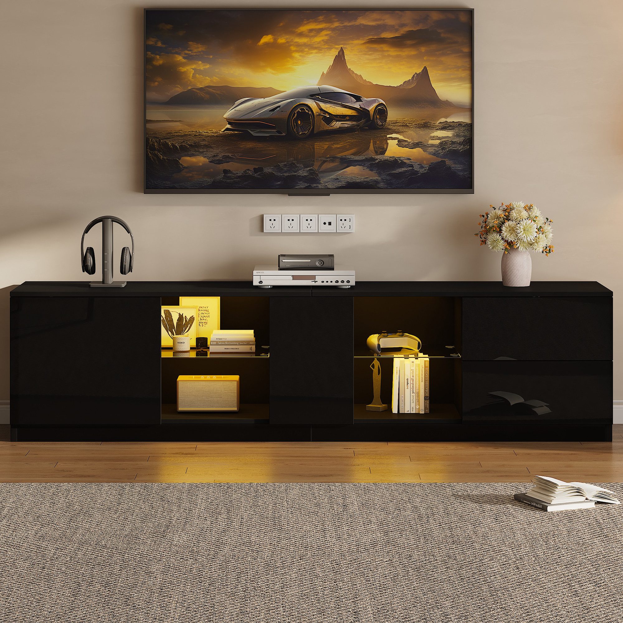 MODFU Lowboard Hochglanz MDF (Fernsehtisch, Wohnzimmermöbel, TV-Ständer, 1 St., mit LED-Beleuchtung), passend für 65" Fernseher