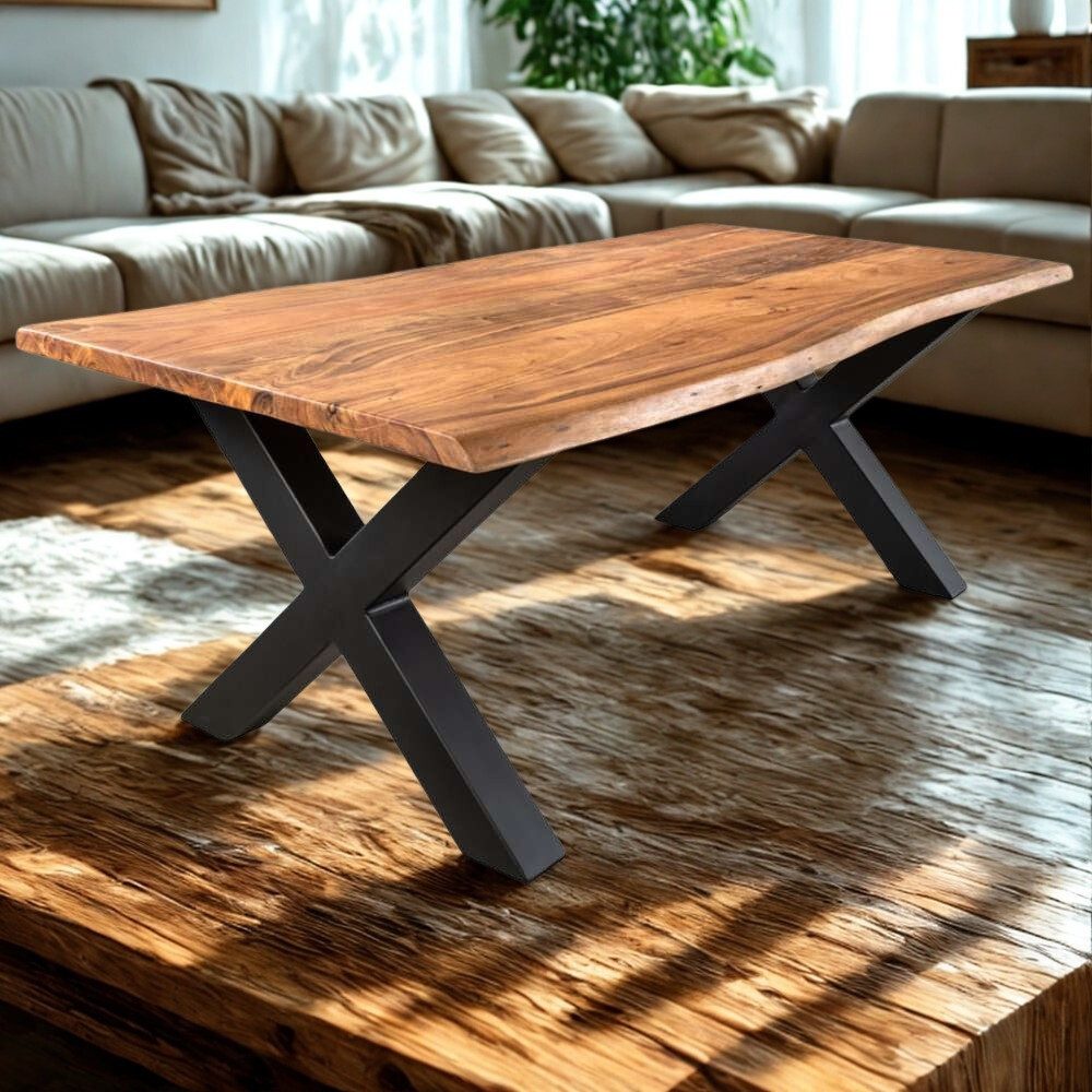 LebensWohnArt Couchtisch Massivholz Couchtisch NARBOL 120cm Akazie 3cm Tischplatte Baumkante