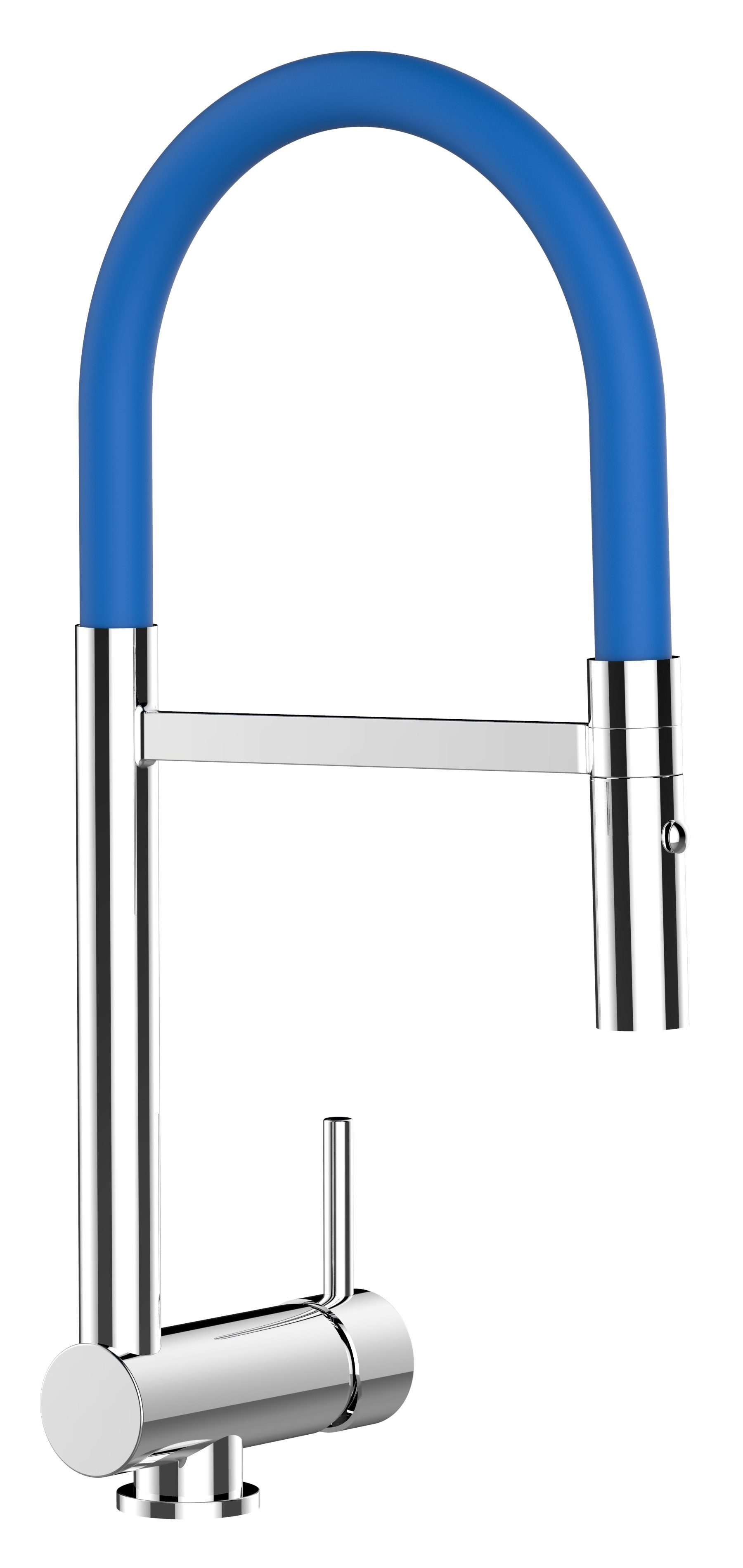 VIZIO Küchenarmatur Unterfenster Armatur 6 cm mit abnehmbarer 2 strahl Brause Hochdruck, Messing verchromt, abgeschwenkt nur 60mm hoch, Sicherungstaste gegen unbeabsichtigtes Abkippen Blau