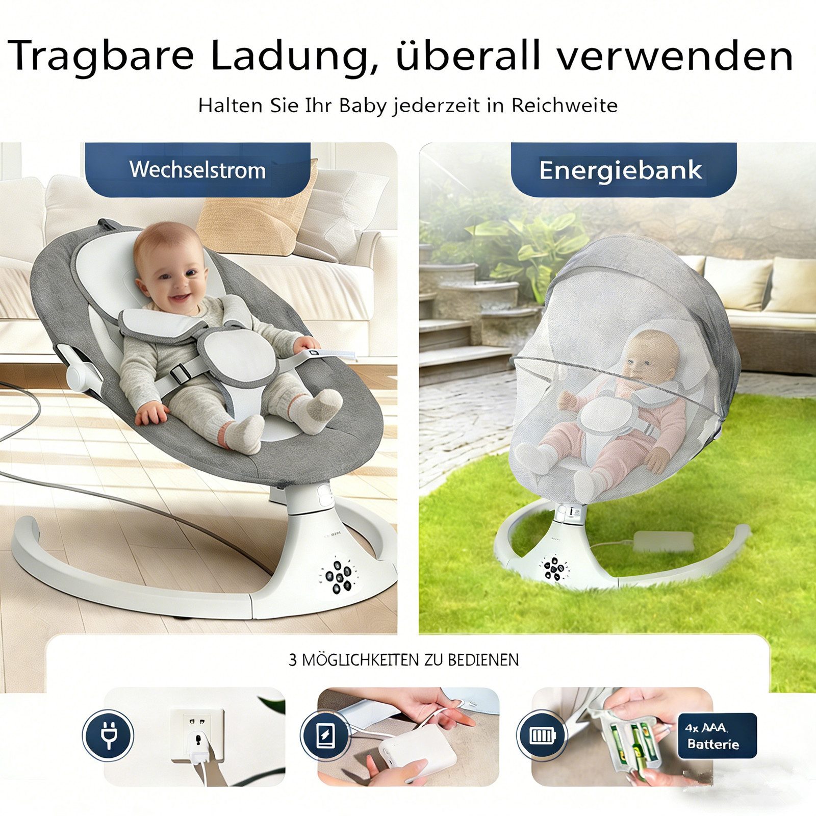 Insma Babyschaukel 5 Gang Elektrische bluetooth-Babywippe, mit 10 Liedern und Fernbedienung, Batteriekompatibel – Bild 3 von 5