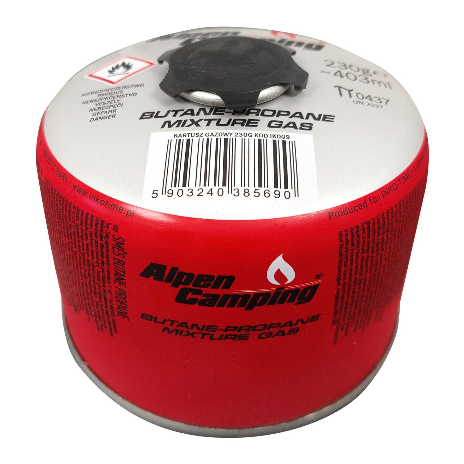Alpen Camping Gaskartusche IK009 Gaskartusche für Kocher 230g, 1 St., Propan-Butan, Bereich -10°C bis + 40°C, 7/16"-Gewindeventil IK009