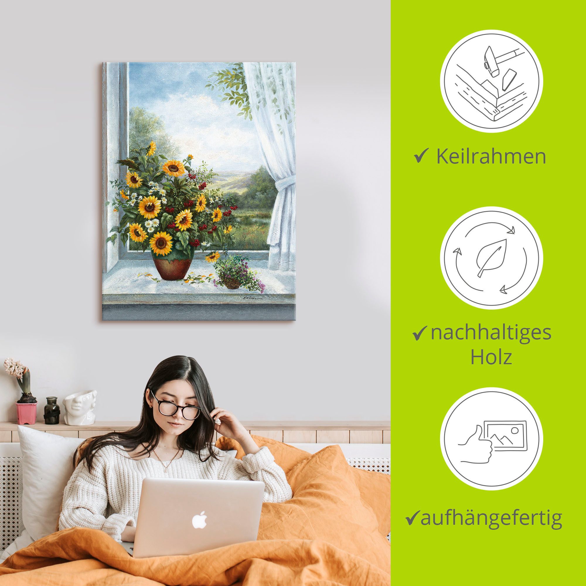 Artland Leinwandbild Sonnenblumen am Fenster, Arrangements (1 St), auf Holzrahmen gespannt – Bild 5 von 5
