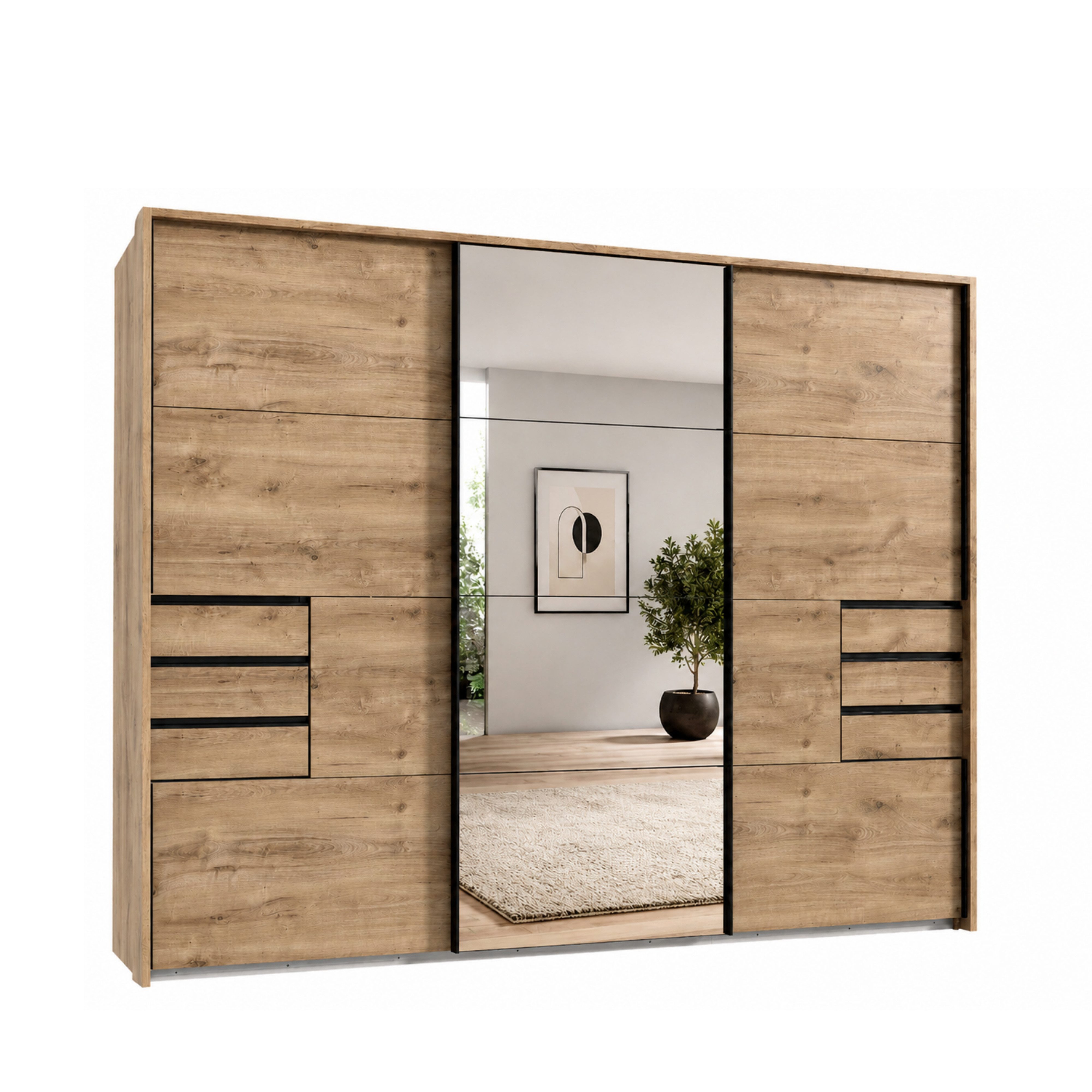 luma-home Schwebetürenschrank 22618 (B273/H213/T64 cm Kleiderschrank mit Passepartout, Vollausstattung, schwarze Griffleisten) in Eiche Dekor mit 6 sichtbaren Schubladen und Mitteltür Spiegelfront