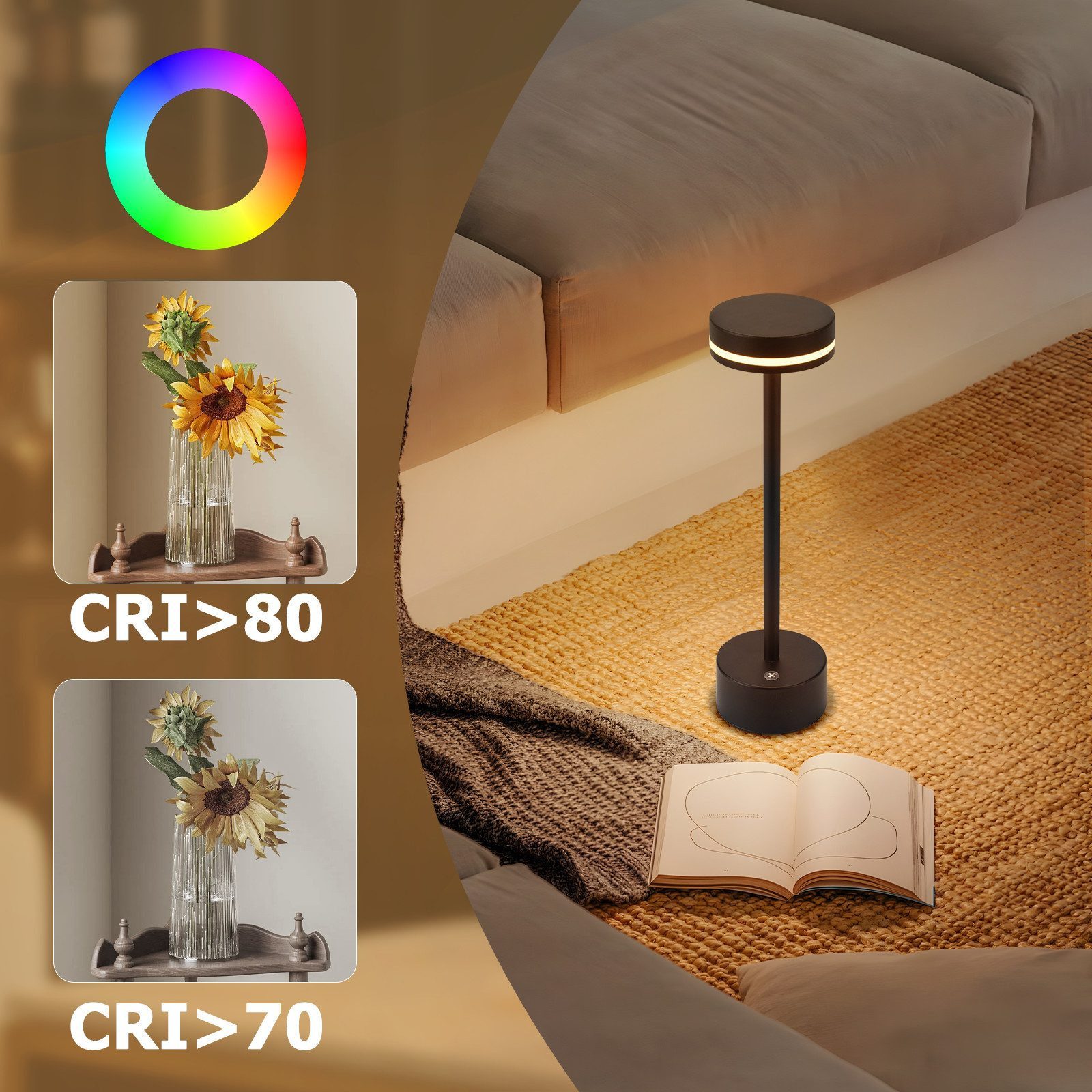 Nettlife LED Tischleuchte Kabellos Akku Aufladbar Nachttischlampe Dimmbar USB C Touch Lampe, Touch Dimmbar, LED fest integriert, Modern Tischlampe für Schlafzim – Bild 5 von 5