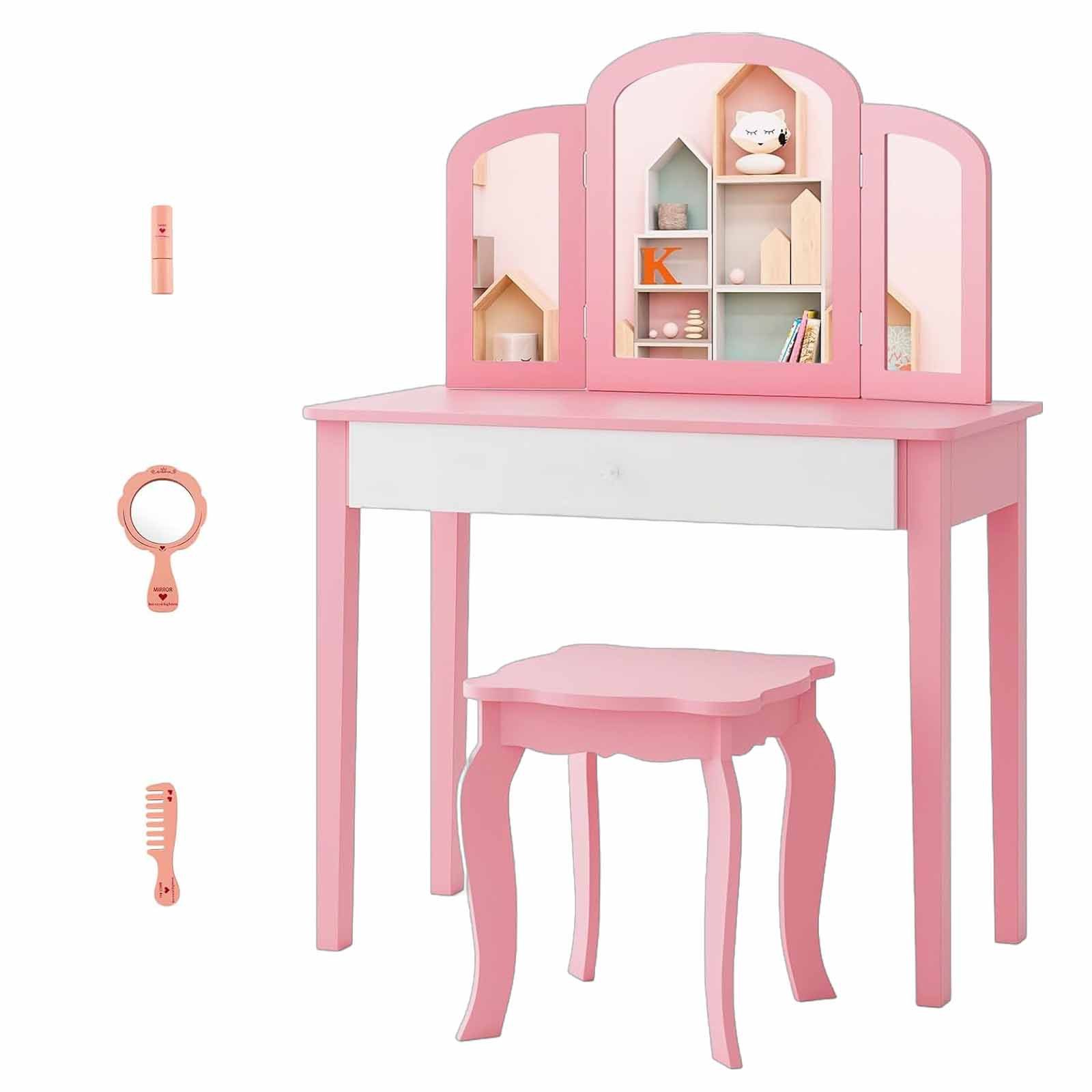 COSTWAY Schminktisch Kinder, mit Spiegel & Hocker, holz günstig online kaufen