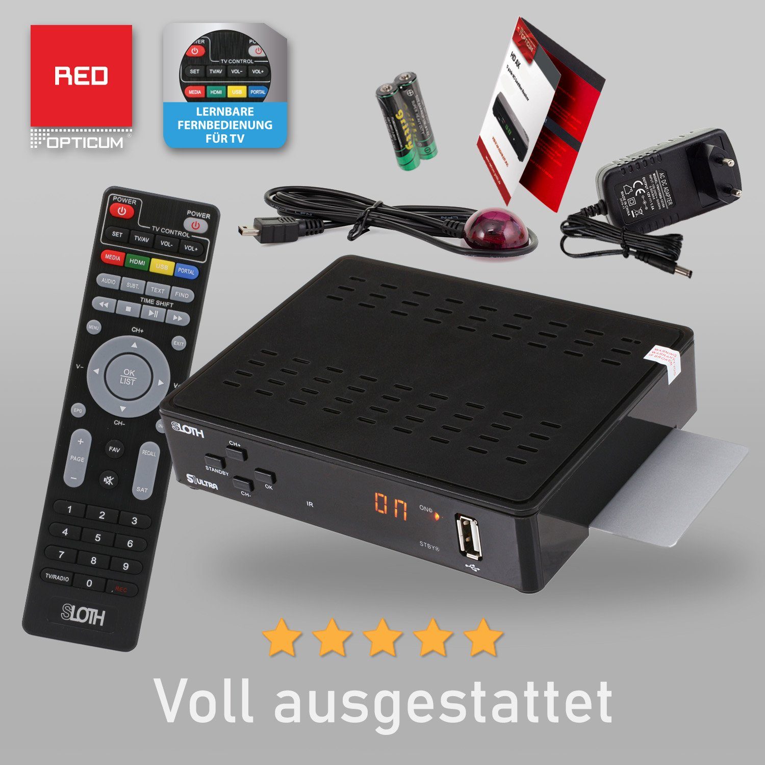 RED OPTICUM Sloth HD HDMI, 12V Aufnahmefunktion, mit 1080p, Fernbedienung S1 Netzteil) LAN, lernbarer SAT-Receiver USB, (PVR ultra S/PDIF