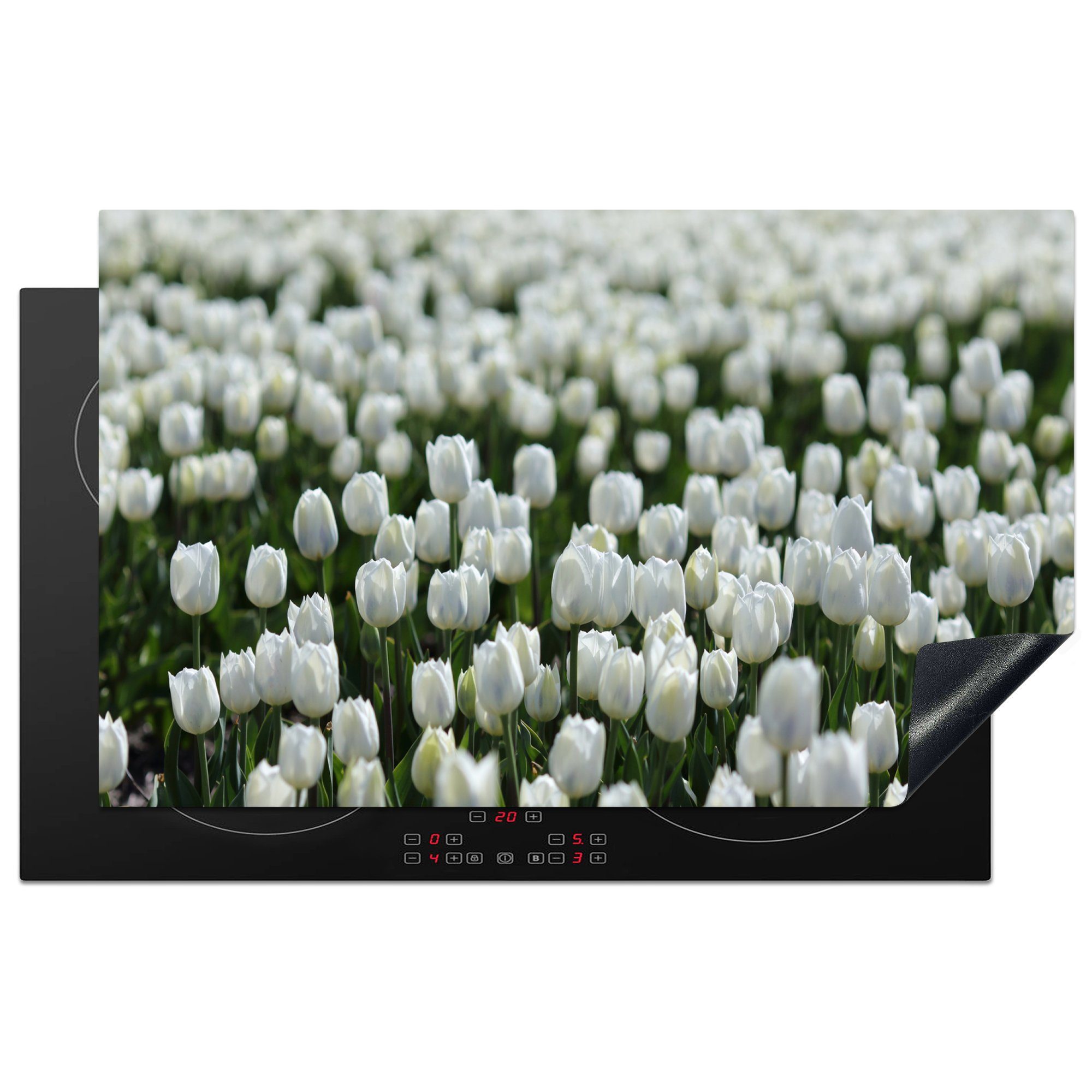 MuchoWow Herdblende-/Abdeckplatte Ein Gebiet mit weißen Tulpen im Frühling, Vinyl, (1 tlg), 83x51 cm, Ceranfeldabdeckung, Arbeitsplatte für küche