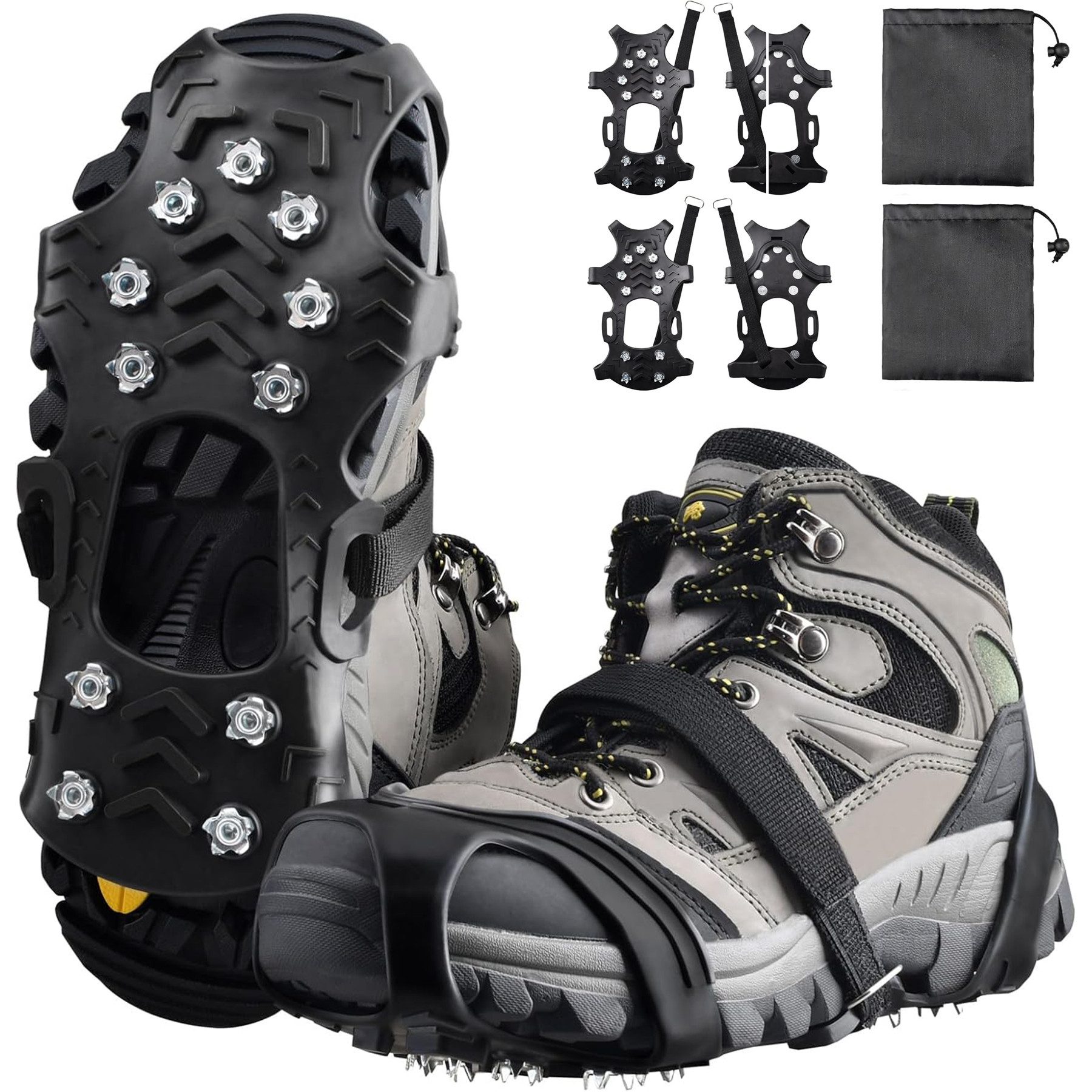 Mutig Spikes 2 Paar Schuhspikes, rutschfeste Schuhkrallen mit 11 Zähnen (Steigeisen für Bergstiefel, Schnee- und Eisspikes, Schhukrallen und Antirutsch Spikes Anti-rutsch Schuhspikes), für Wandern, Laufen, Schnee, EIS, Winteraktivitäten im Freien,Trekking
