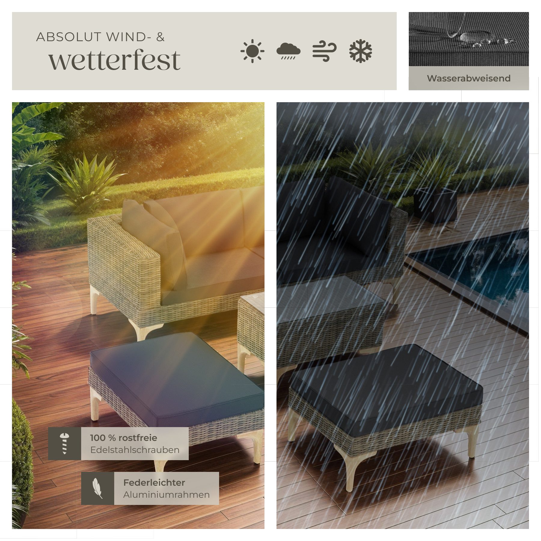 tectake Loungeset Rattan Lounge, (Set., 5-tlg), Stabiles Gestell aus leichtem und rostfreiem Aluminium