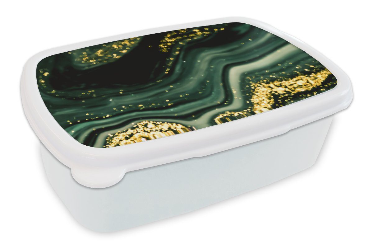 MuchoWow Lunchbox Marmor - Gold - Glitter - Grün - Marmoroptik - Luxus, Kunststoff, (2-tlg), Brotbox für Kinder und Erwachsene, Brotdose, für Jungs und Mädchen weiß