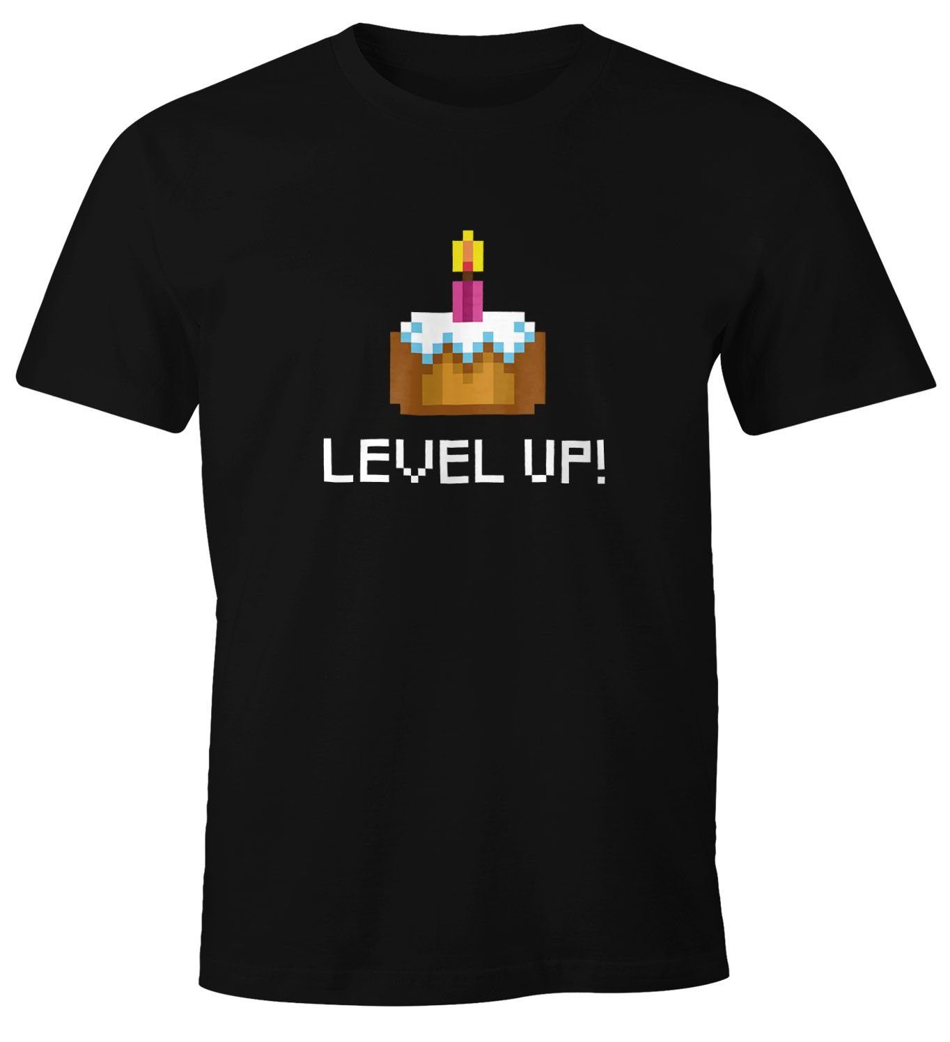 MoonWorks Print-Shirt Herren T-Shirt Geburtstag Level Up Pixel-Torte Retro Gamer Pixelgrafik Geschenk Arcade Fun-Shirt Moonworks® mit Print schwarz