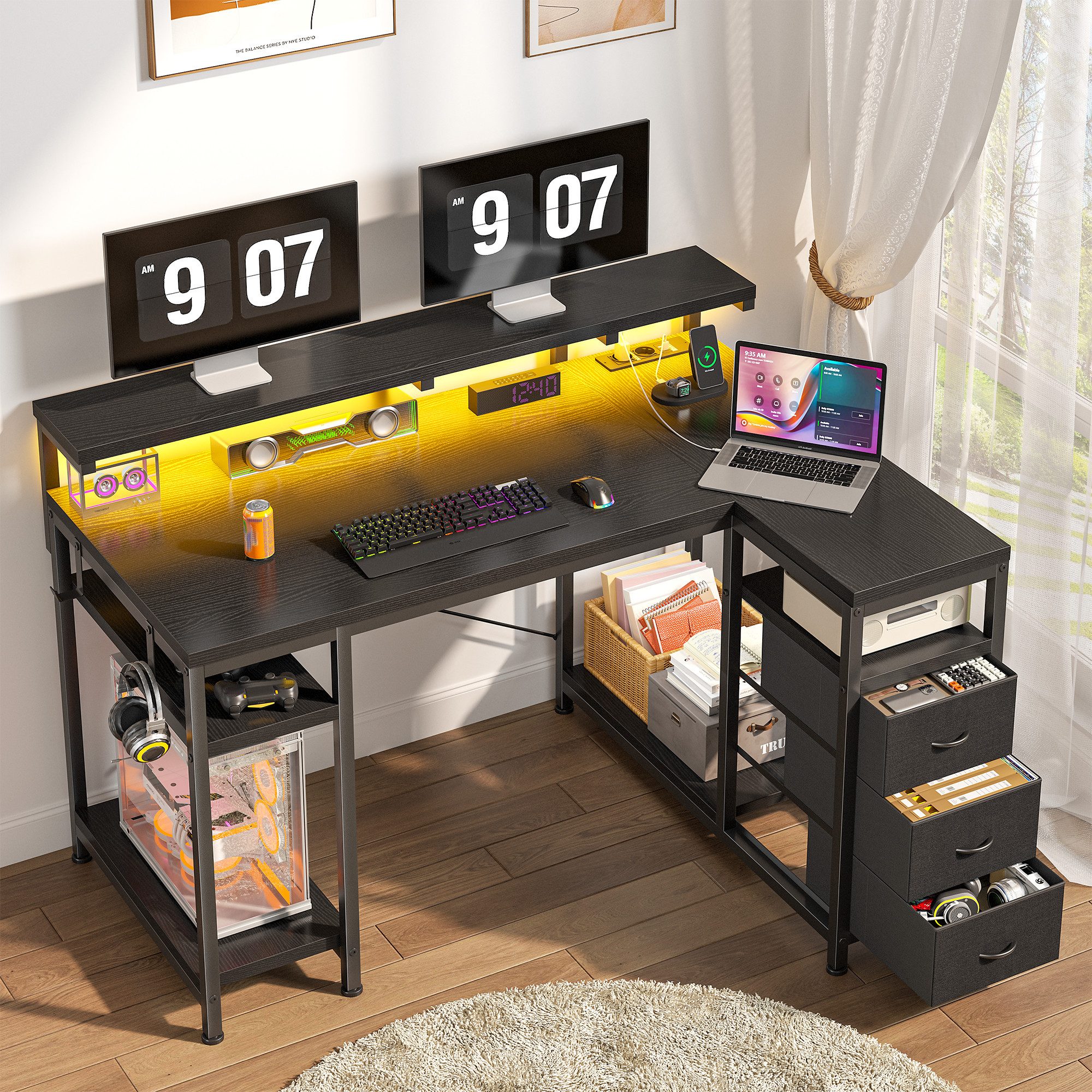Klyvvo Schreibtisch mit 3 Schubladen, Gaming Schreibtisch L Form mit LED (1-St), mit Stauraum für Homeoffice und Gaming, Schwarz
