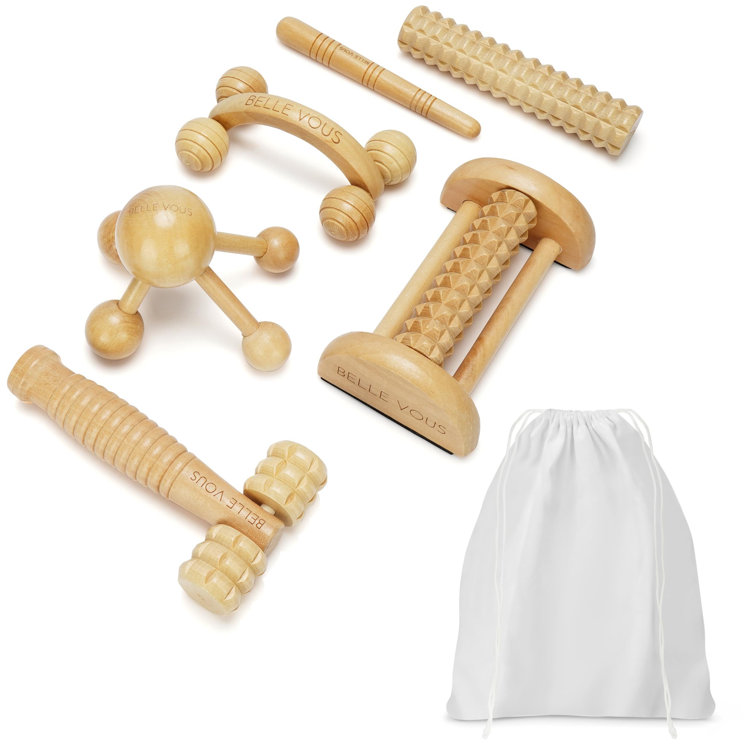 Belle Vous Fußmassagegerät Belle Vous Massage Set 6-in-1, Holzgeräte mit Baumwolltasche, 6-tlg.