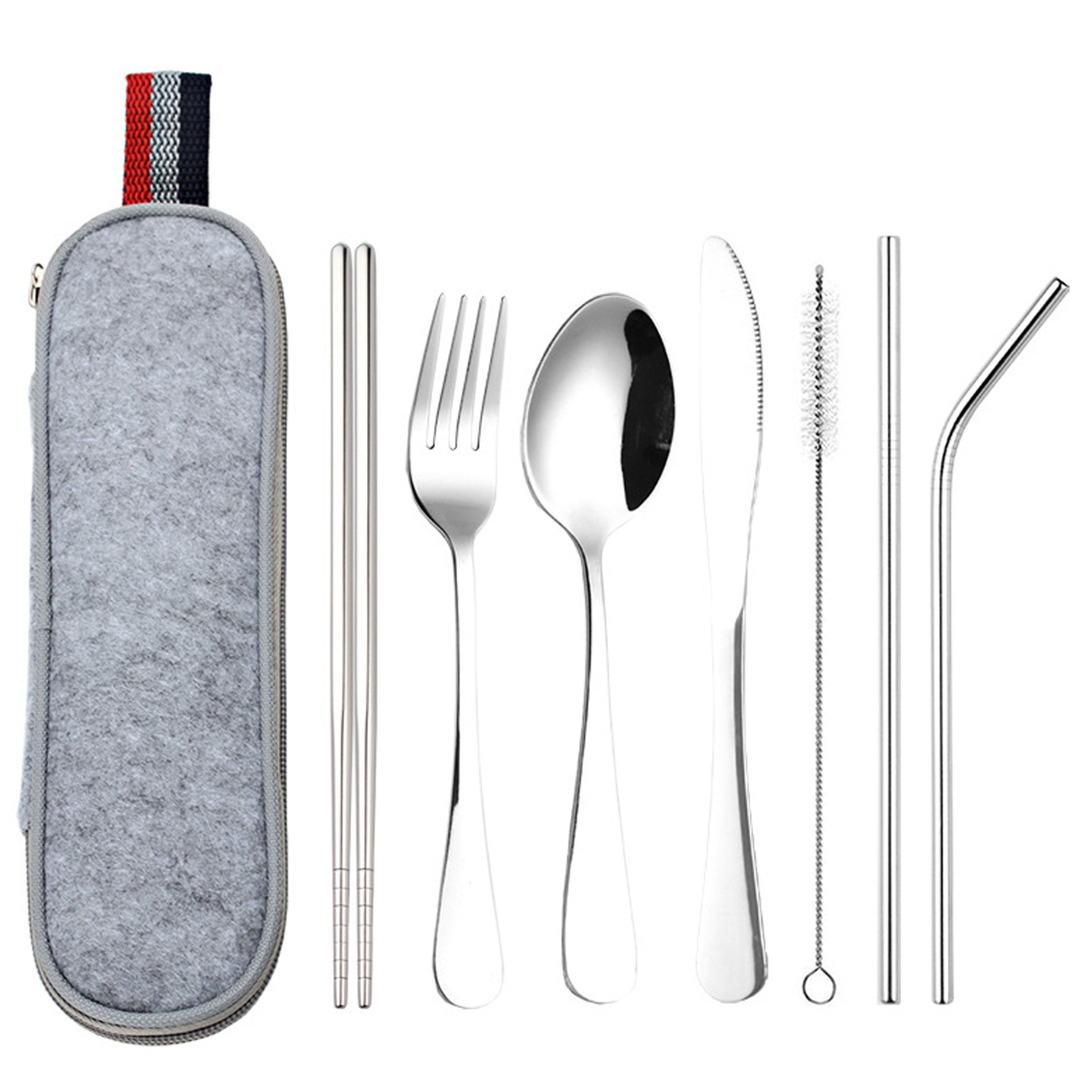 KINSI Besteck-Set Edelstahl Besteckset Messer Gabel Löffel + Strohhalm-Set (8-tlg), 1 Personen, Outdoor & Alltagstauglich, Robust & Praktisch