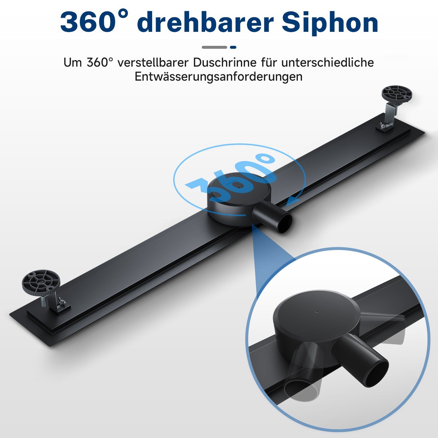 SONNI Duschrinne Edelstahl Bodenablauf Schwarz 50-110 cm 360° verstellbarer Duschrinne, mit Geruchsstop und Haarsieb Randablauf,mit Bodenbefestigung