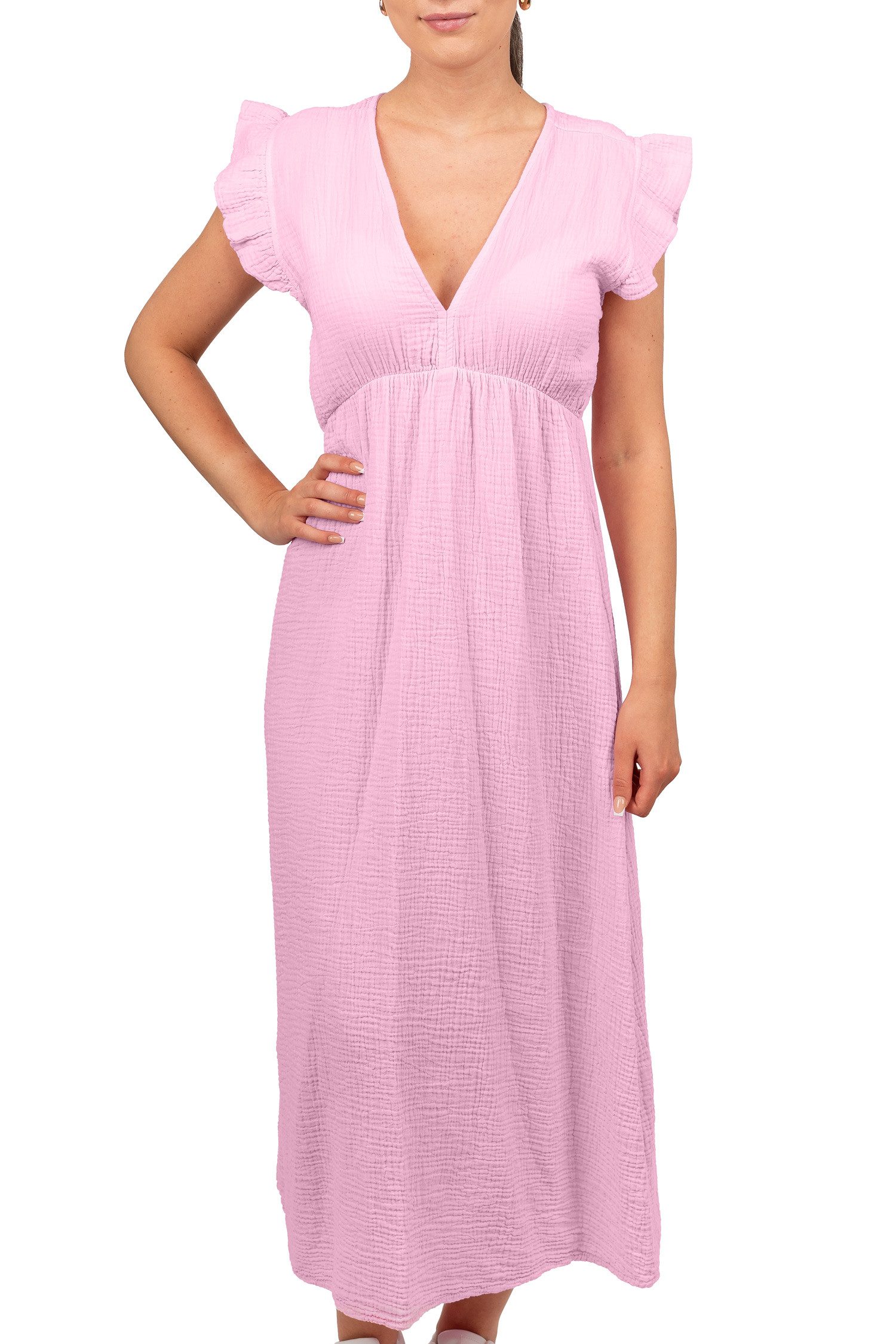 Reichstadt Sommerkleid Reichstadt Damen Musselin Sommerkleid 25RSW076 Tiefer V-Ausschnitt und raffinierte Rüschenärmel