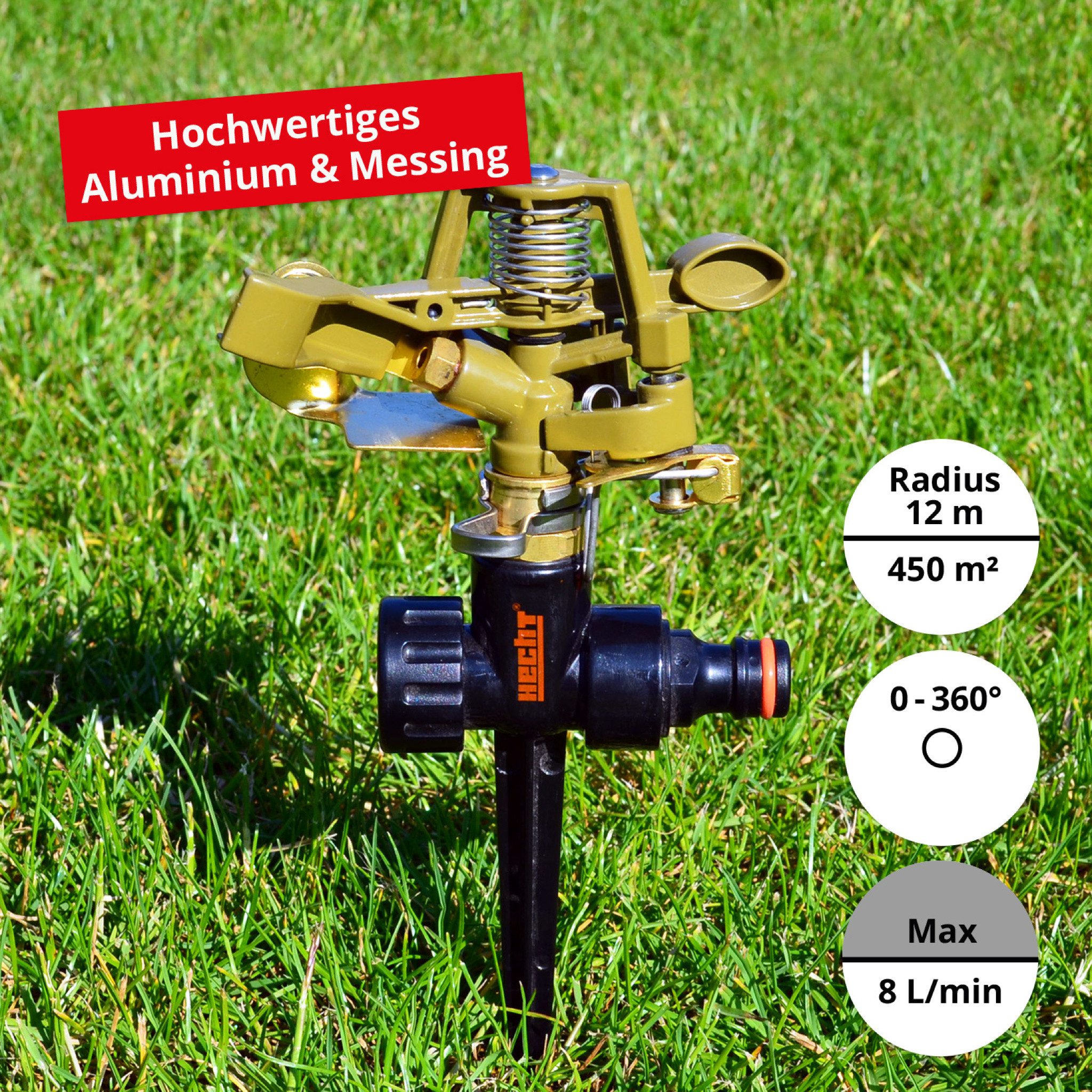 Hecht Kreisregner Impulsregner Rasensprenger 480 l/h 160 mm Erdspieß, 16 cm lang, 360° Radius, 2-4 bar