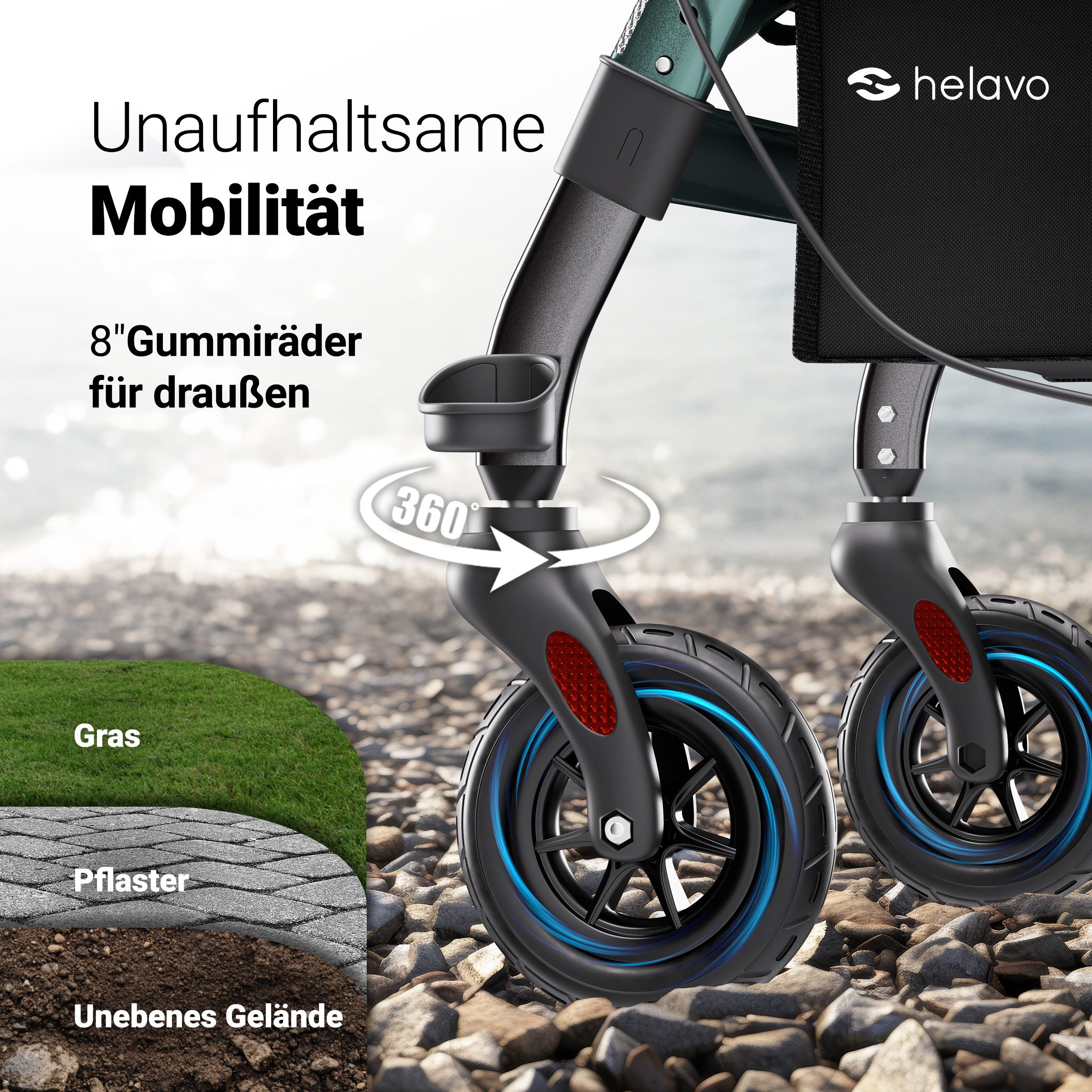 Helavo Rollator H1360, Upright Schwerlastrollator mit Unterarmstützen, Sitz & Tasche