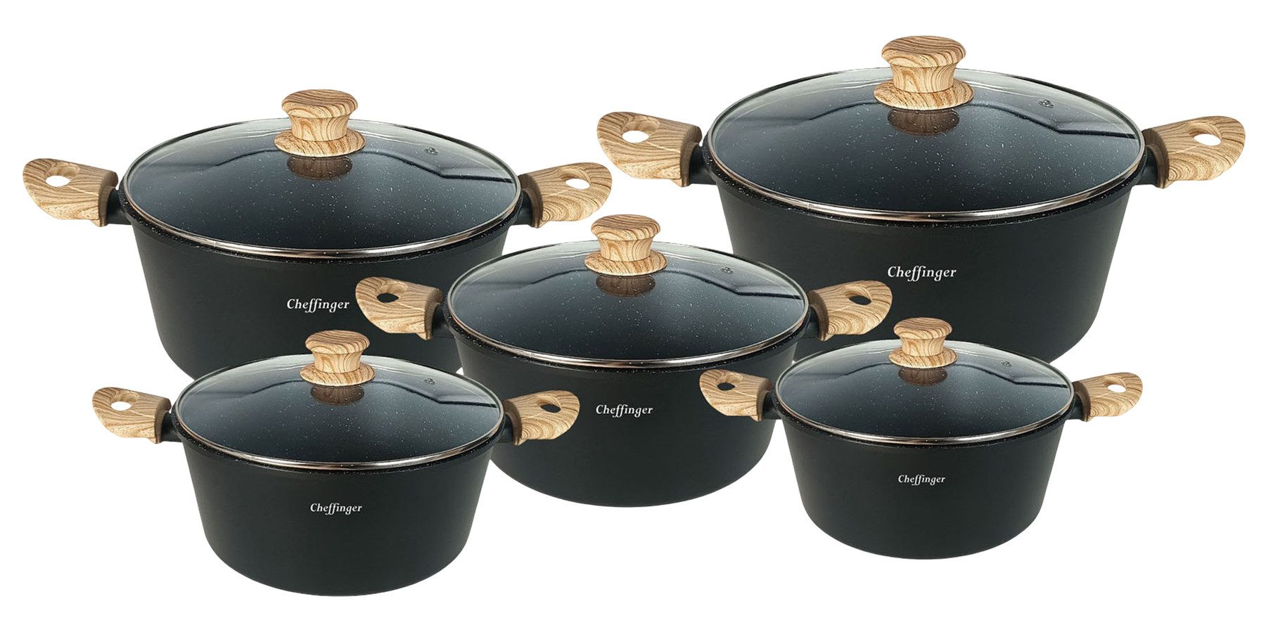 Cheffinger Topf-Set Kochtopf Kasserolle Topf Set 10-tlg Glasdeckel Induktion Cheffinger, Material: Aluminium, Glas