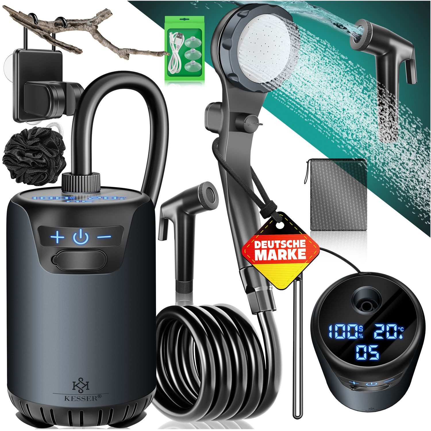 KESSER Gartendusche Campingdusche mit Pumpe & wiederaufladbarem Akku 4000mAh (Mobile Dusche inkl. Duschkopf, 2m Schlauch, Sprühpistole & Halterung), Outdoor Dusche