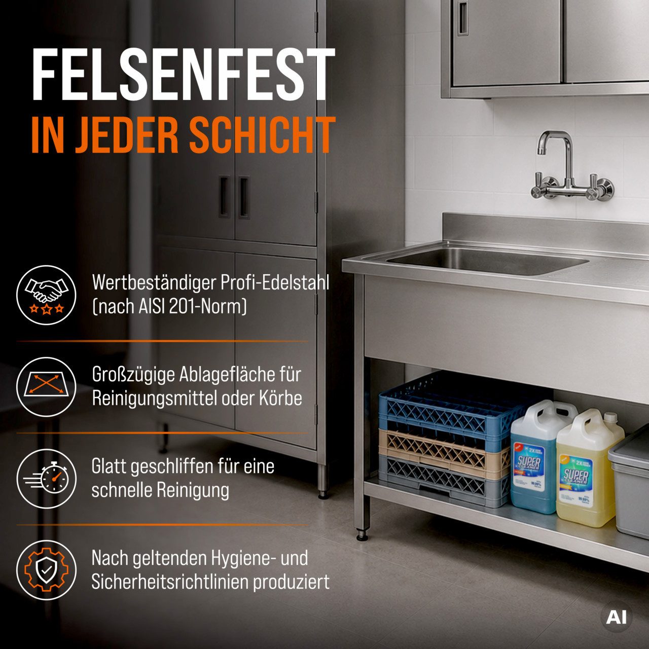 GastroHero Arbeitstisch Spültisch 120x60 cm - Edelstahl mit Becken - Gastro - Spüle, AISI201-Edelstahl, Grundboden, nach Hygienerichtlinien produziert