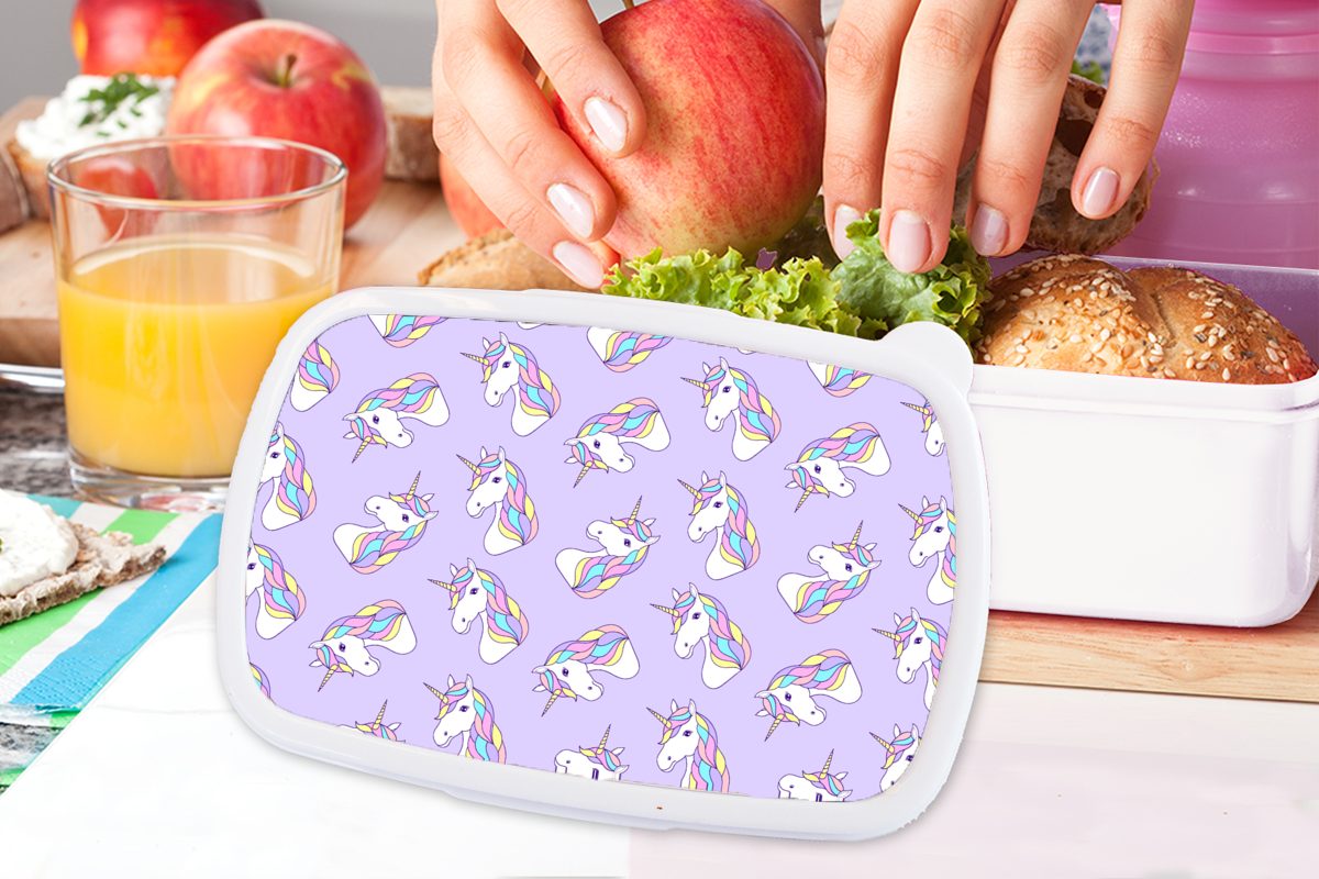 MuchoWow Lunchbox Einhorn - Pastell (2-tlg), und Brotbox Kunststoff, für für Erwachsene, Kinder Muster, Jungs Brotdose, - und weiß Mädchen