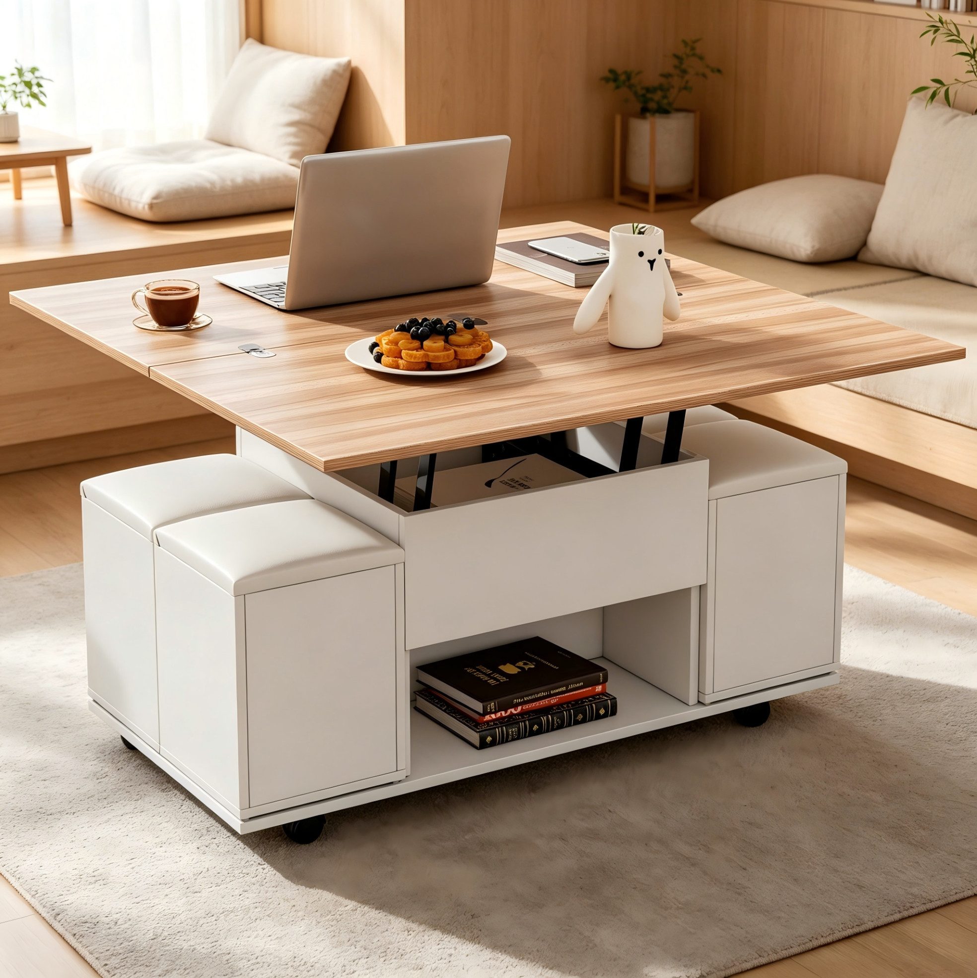 OKWISH Couchtisch Kompakter Tisch mit 4 Hockern & Höhenverstellung (Packung, 1-St., Weiß+Natur, 100×50×48 cm, für Wohnzimmer & Esszimmer), 3-in-1, Rollen, Stauraum, vielseitig