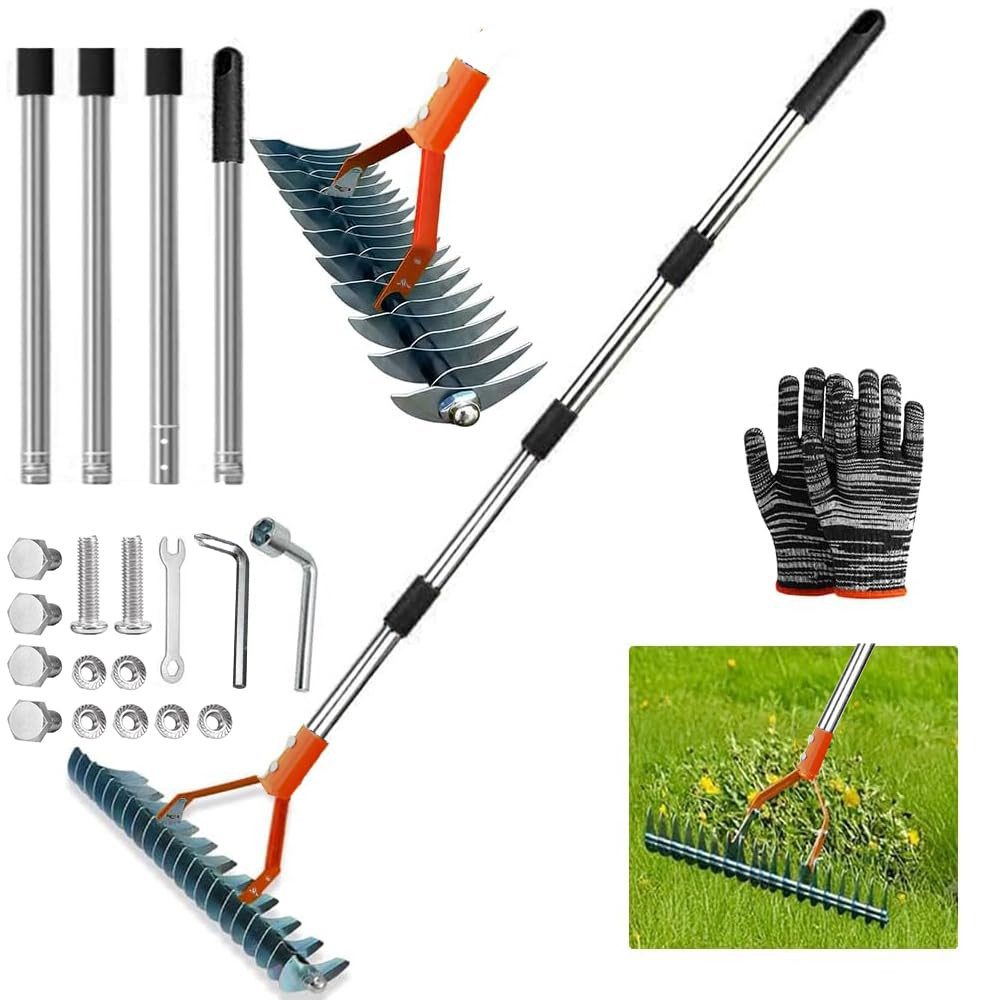 Agger Rechenbesen Vertikutierer Rechen mit Stiel 165cm, Metall Schneidrechen Garten, Abnehmbar, Verstellbarer Vertikutierrechen, Handvertikutierer