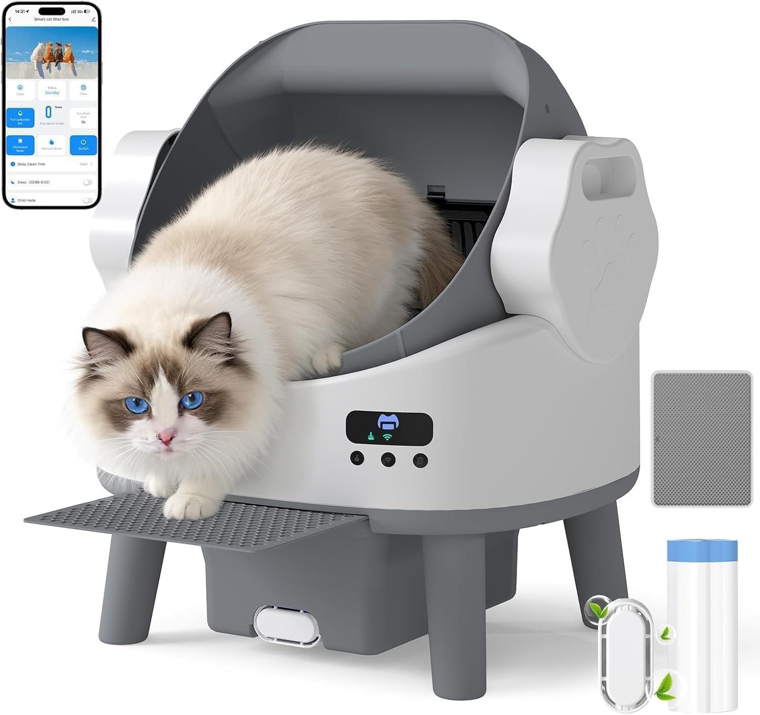 Rebonique Katzentoilette Selbstreinigende Katzentoilette XL mit App, bis 10 kg, inkl. Treppe, Duftspender, Katzenmatte, Müllbeutel, Sensorsystem, Leiser Betrieb