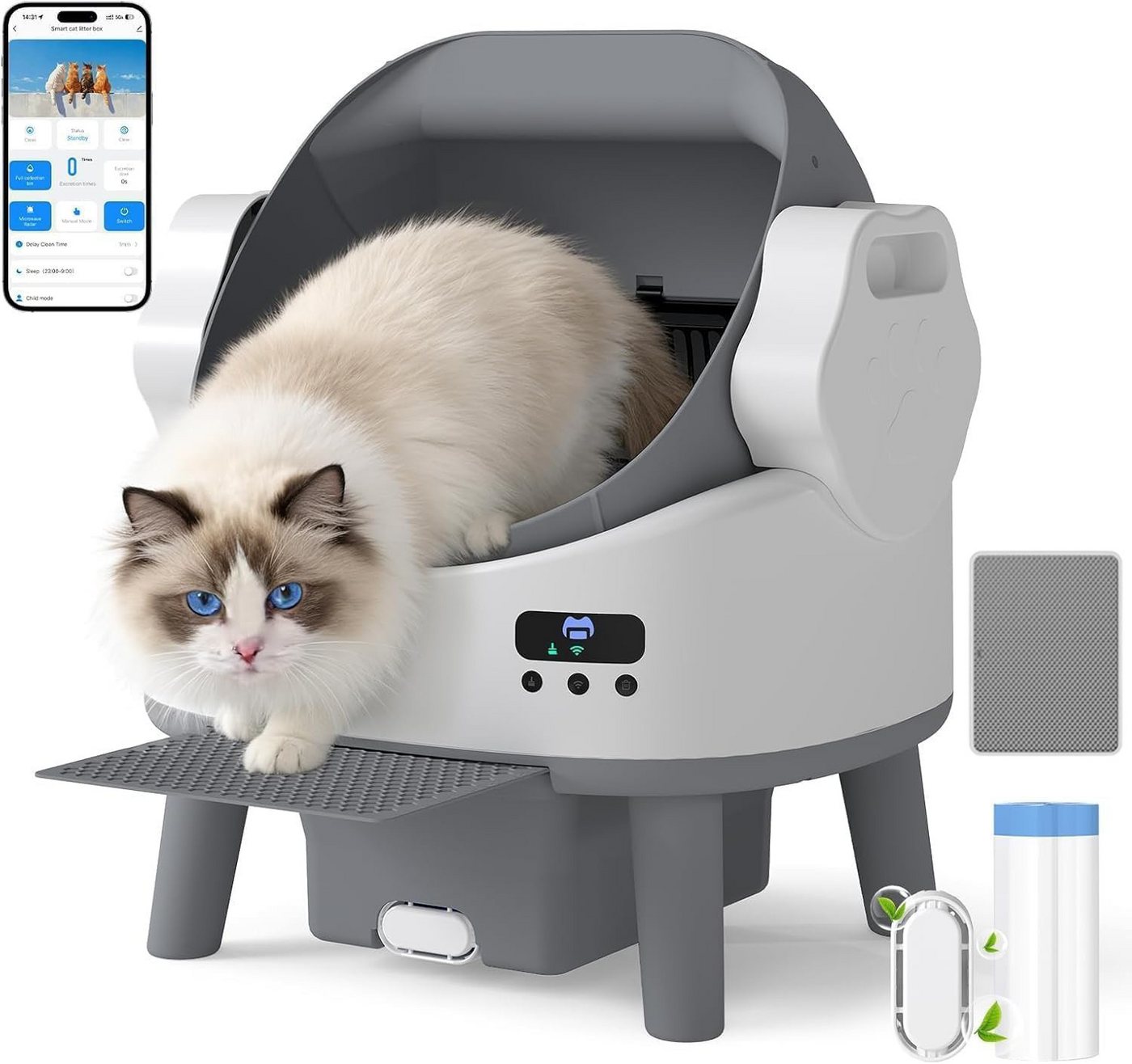 Rebonique Katzentoilette Selbstreinigende Katzentoilette XL mit App, bis 10 kg, inkl. Treppe, Duftspender, Katzenmatte, Müllbeutel, Sensorsystem, Leiser Betrieb